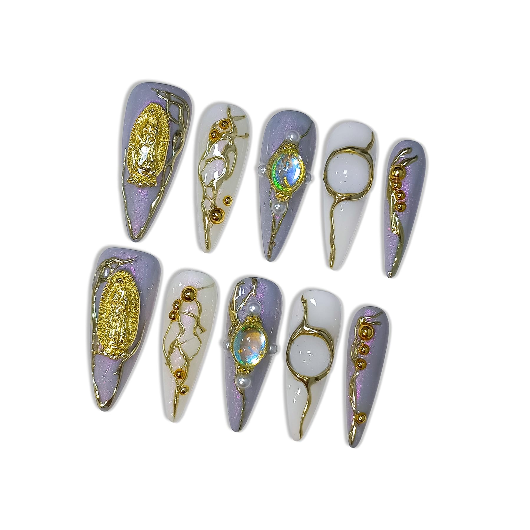 Hantyer Lavender Press on Nails with 3D Water Droplets, Madonna Medals & Pearls, Long Stiletto Glossy Iced Baroque Fake Nails, Reusable Edgy Luxury False Nails for Women Party Opera Gala
