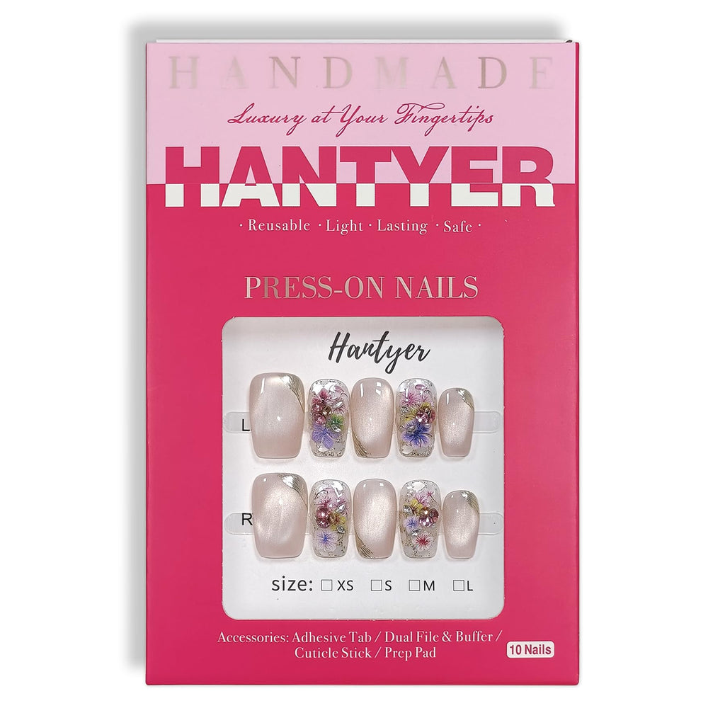 Hantyer 10pcs Press on Nails, Medium Coffin Glossy Fake Nails, Nude Cat Eye Nails with Colorful Dried Flowers & Gold Wire, Reusable Elegant False Nails for Wedding Party Date