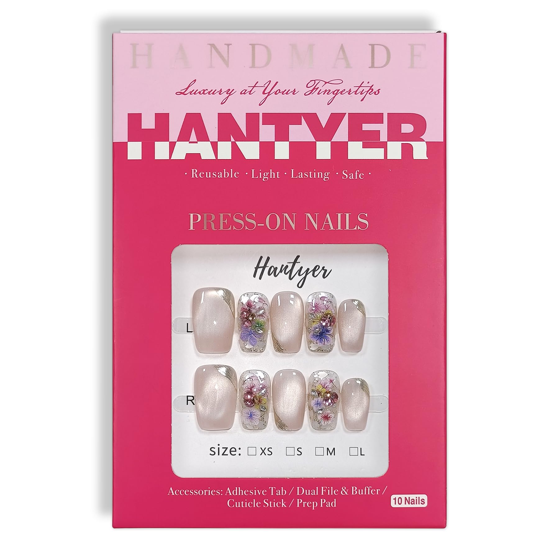 Hantyer 10pcs Press on Nails, Medium Coffin Glossy Fake Nails, Nude Cat Eye Nails with Colorful Dried Flowers & Gold Wire, Reusable Elegant False Nails for Wedding Party Date