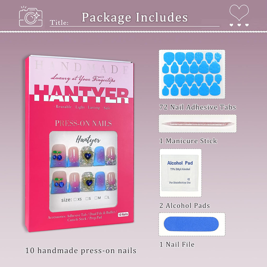 Hantyer 10pcs Blue French Tip Press on Nails with Tools Kit, Short Duckbill Glossy Nails, Rhinestones & Heart with 3D Water Droplet Carvings, Sweet Edge Style for Parties & Special Events