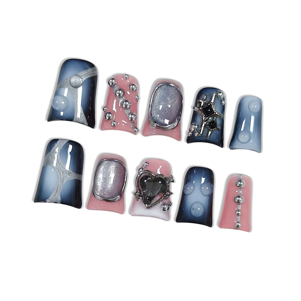 Hantyer Black Grey Cat Eye Press on Nails with 3D Metal Beads & Heart Rhinestone Charms, Lipstick Shape Glossy Iced Sweet Cool Fake Nails, Reusable Edgy Glam False Nails for Party Club Rave