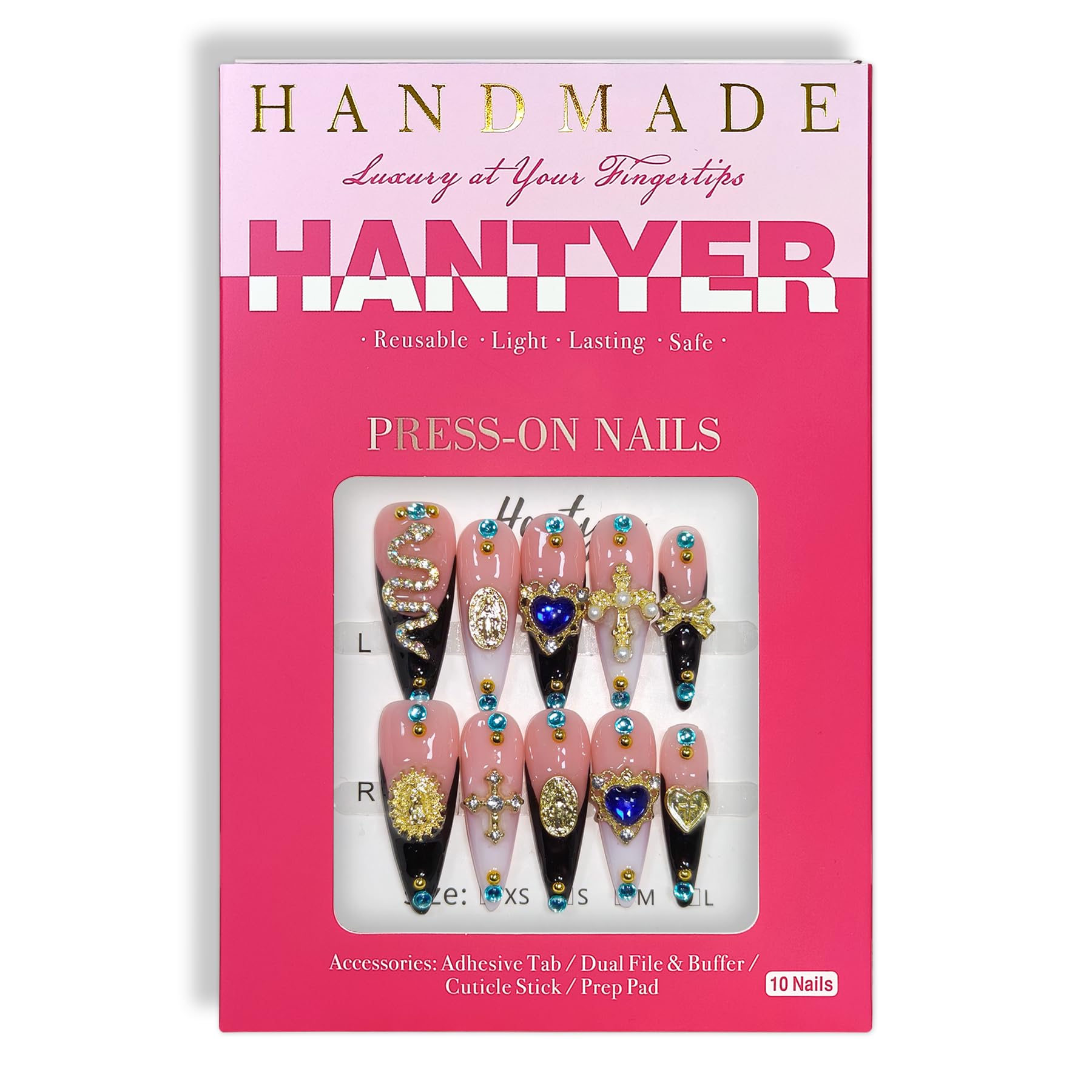 Hantyer Black French Tip Press on Nails with 3D Metal Snake, Cross Charms & Rhinestones, Long Stiletto Glossy Iced Edgy Chic Fake Nails, Reusable Gothic Glam False Nails for Women Party