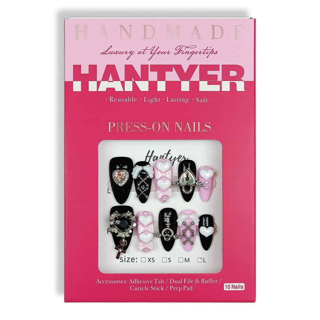 Hantyer 10Pcs Y2K Press on Nails with Tools Kit, Medium Almond Glossy Nails in Pink & Black, Handmade Nails with 3D Metal Charms (Heart/Cross) & Rhinestones, Edgy Punk Style for Women