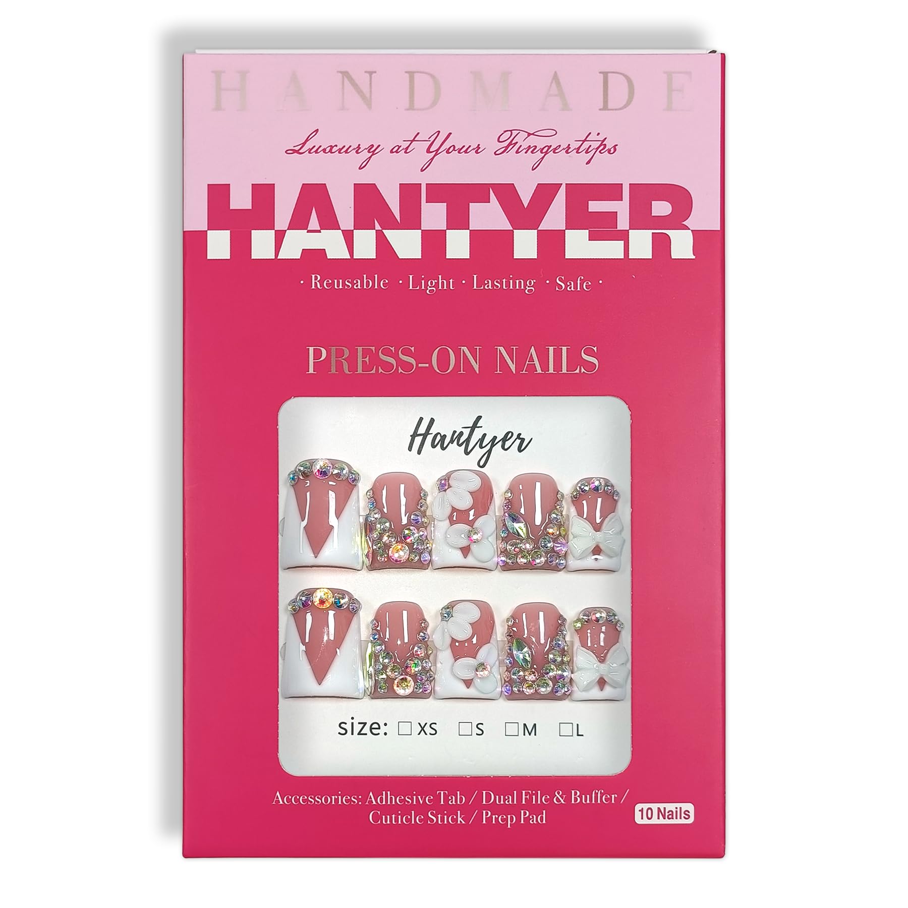 Hantyer 10pcs Press on Nails with Tools Kit, Short Duckbill Glossy White French Tips, Crystal Rhinestones & 3D Floral Designs, Icy Shimmer Finished Salon Nails, Reusable for Special Events