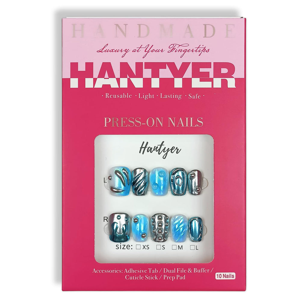 Hantyer Square Press On Nails, Handmade Soft Gel Chrome Blue & Silver Metallic Fake Nails with 3D Sculpted Wave Design, Futuristic Iridescent Alien Reusable False Nails 10PCS Kit