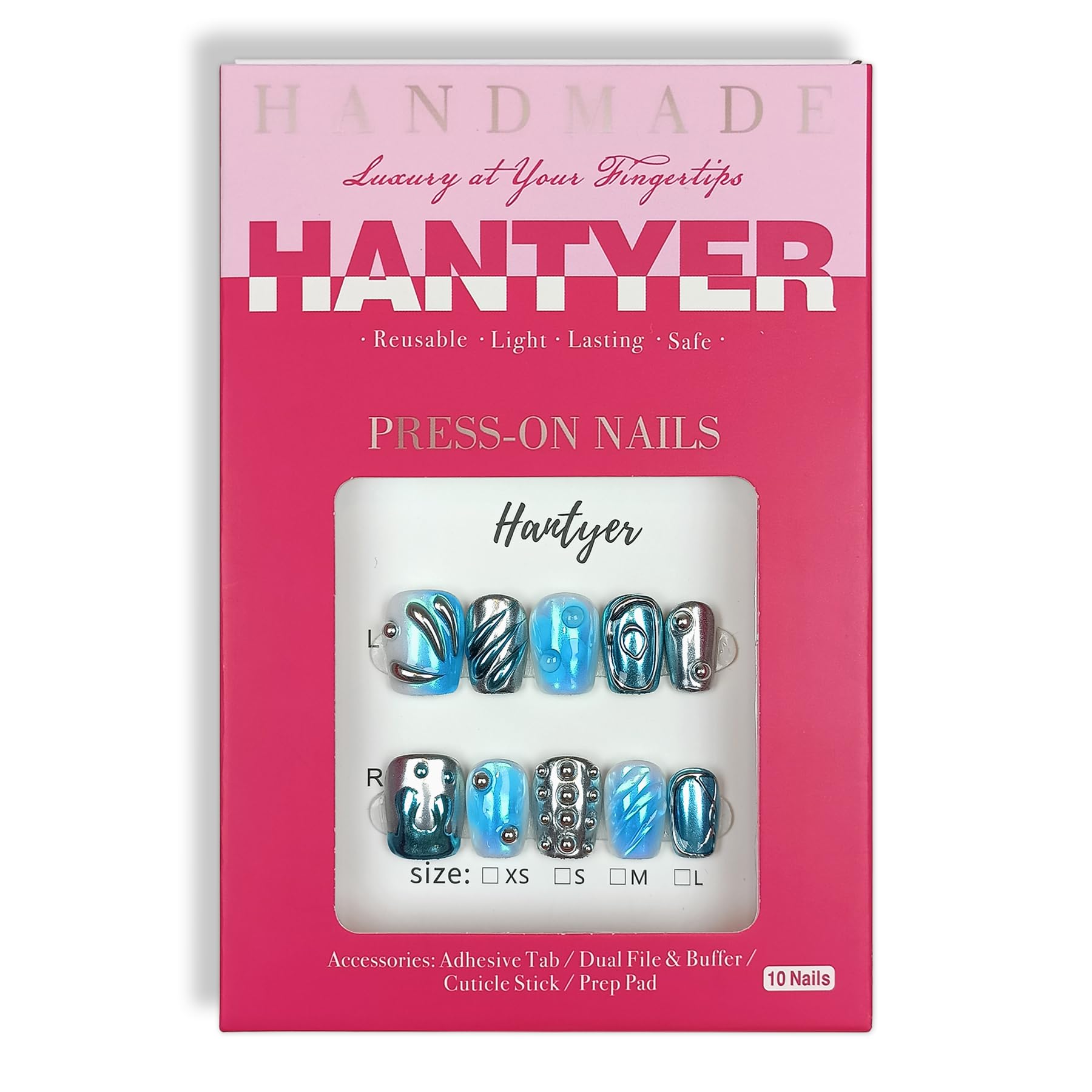 Hantyer Square Press On Nails, Handmade Soft Gel Chrome Blue & Silver Metallic Fake Nails with 3D Sculpted Wave Design, Futuristic Iridescent Alien Reusable False Nails 10PCS Kit