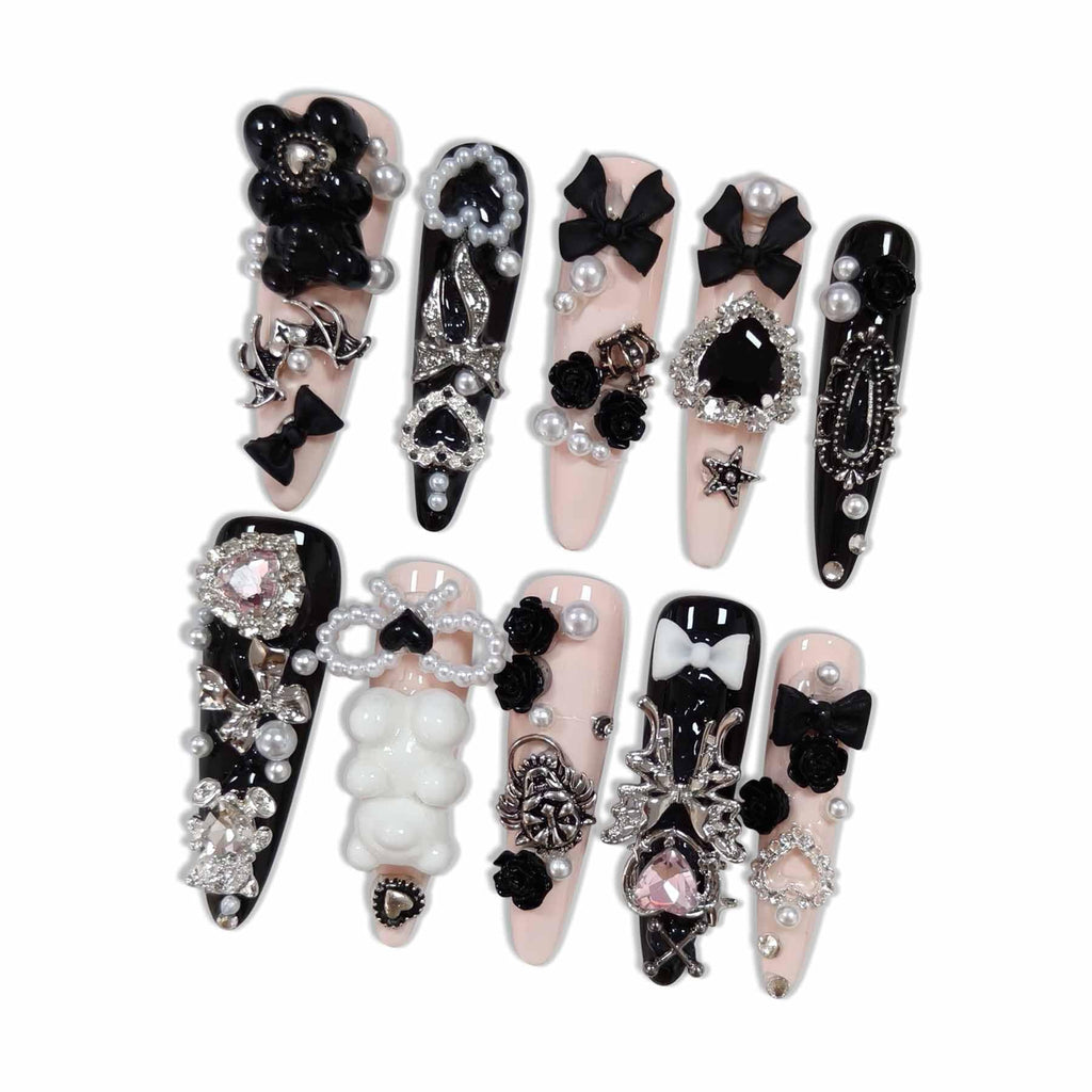 Hantyer Gothic Press on Nails with little Bear & Silver Charms, Long Stiletto Glossy Dark Cute Fake Nails, Reusable Black Kawaii False Nails for Women Horror Party Halloween Special Occasion