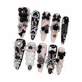 Hantyer Gothic Press on Nails with little Bear & Silver Charms, Long Stiletto Glossy Dark Cute Fake Nails, Reusable Black Kawaii False Nails for Women Horror Party Halloween Special Occasion