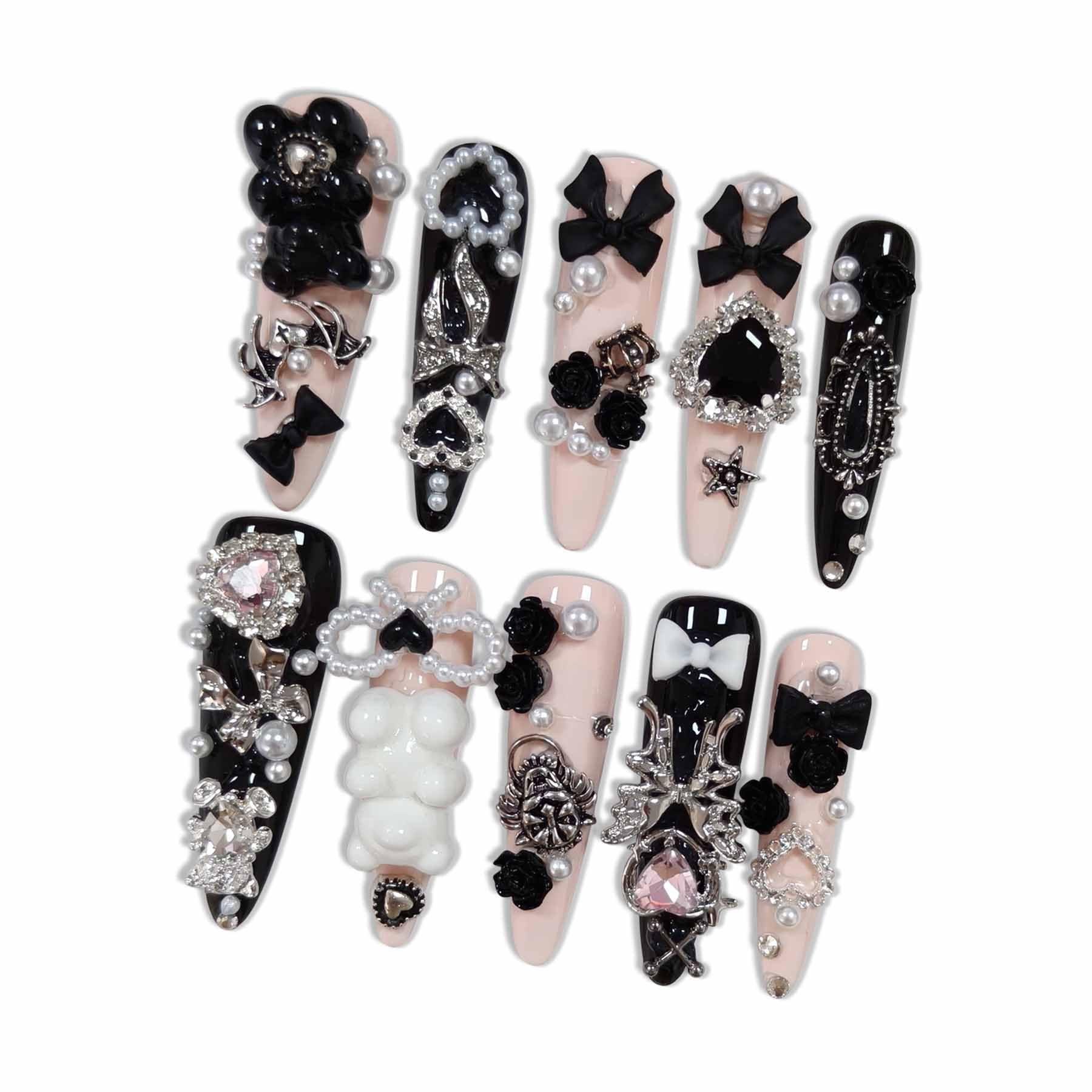 Hantyer Gothic Press on Nails with little Bear & Silver Charms, Long Stiletto Glossy Dark Cute Fake Nails, Reusable Black Kawaii False Nails for Women Horror Party Halloween Special Occasion