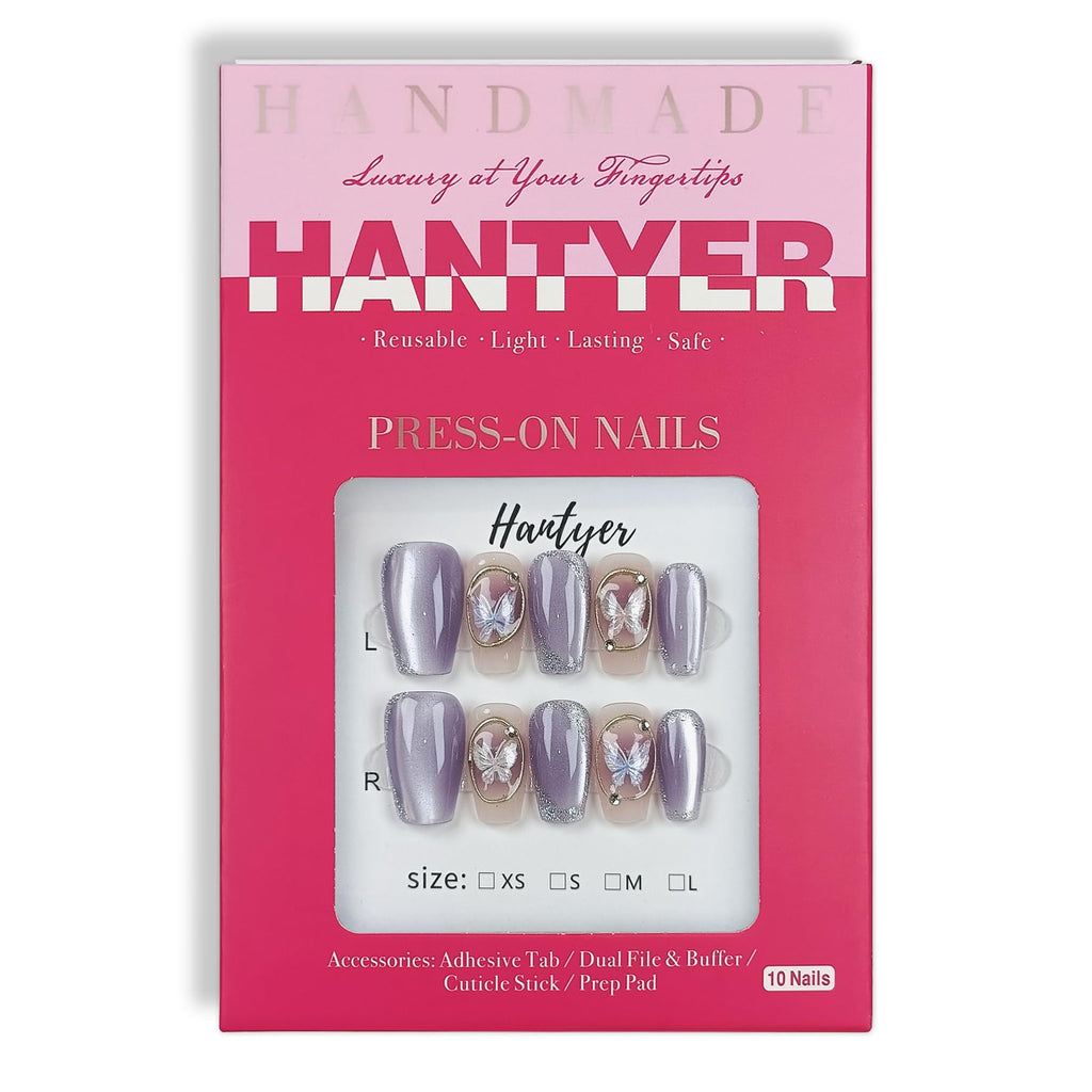 Hantyer Press on Nails, Medium Coffin Fake Nails, Purple Cat Eye & Hand-Painted Silver Lines, Butterfly Accents & Icy Lavender Glow, Gel Nails Sweet Style for Women Daily Wear & Party Events