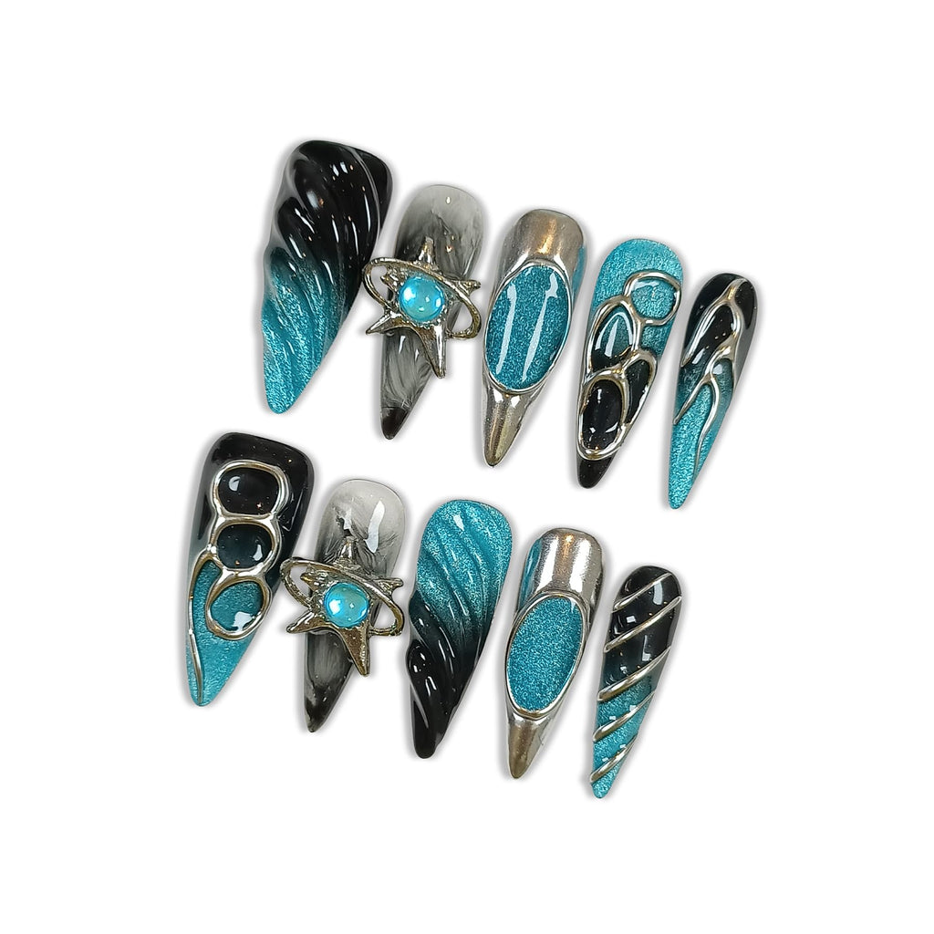 Hantyer Long Stiletto Press On Nails, Handmade Soft Gel Turquoise & Black Abstract Fake Nails with Unique 3D Ring & Metallic Swirls, Statement Reusable False Nails 10PCS Kit
