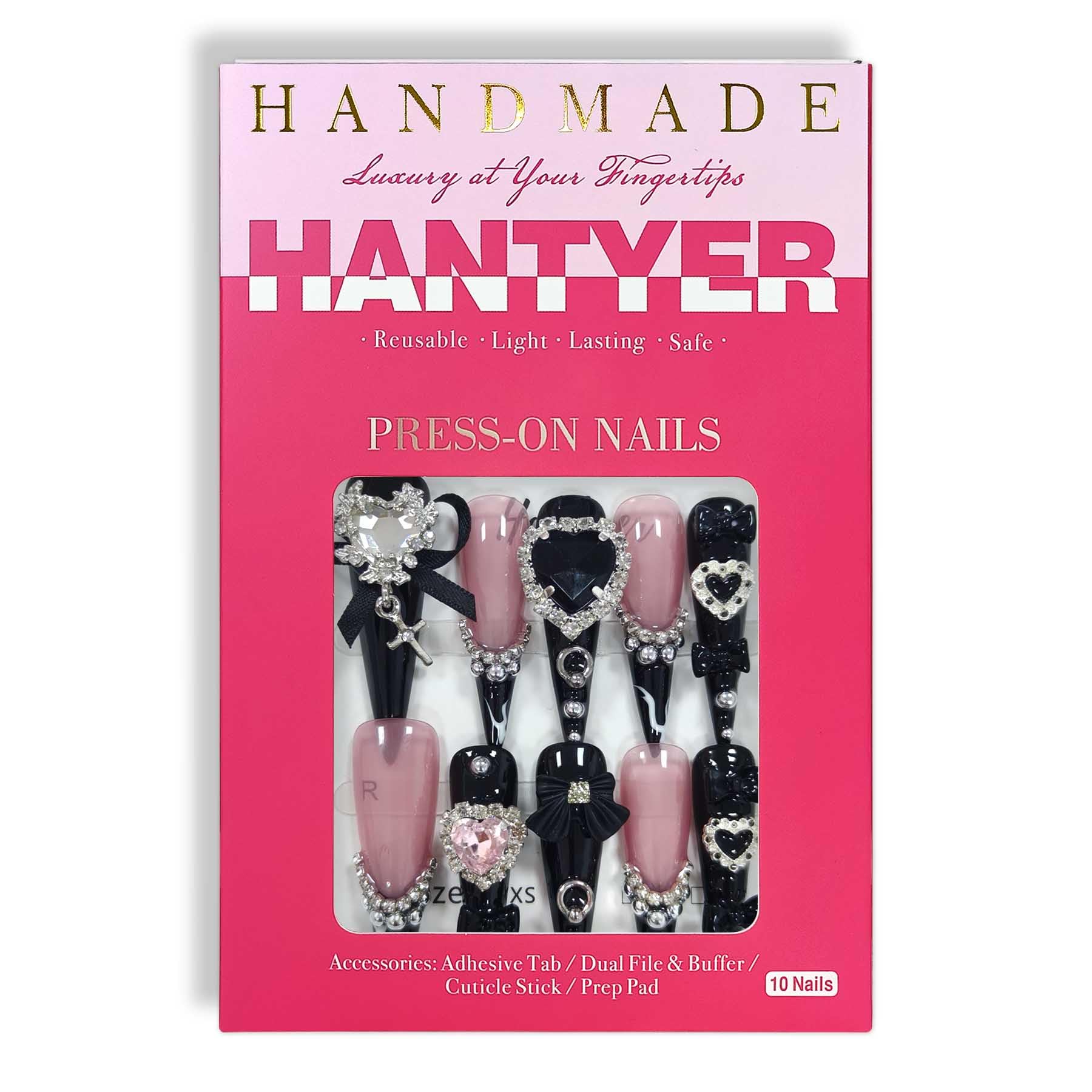 Hantyer Black Press on Nails with Heart Rhinestones, Bow Charms & Silver Decor, Long Stiletto Glossy Gothic Fake Nails, Reusable Dark Cute False Nails for Women Goth Party Valentine’s Day