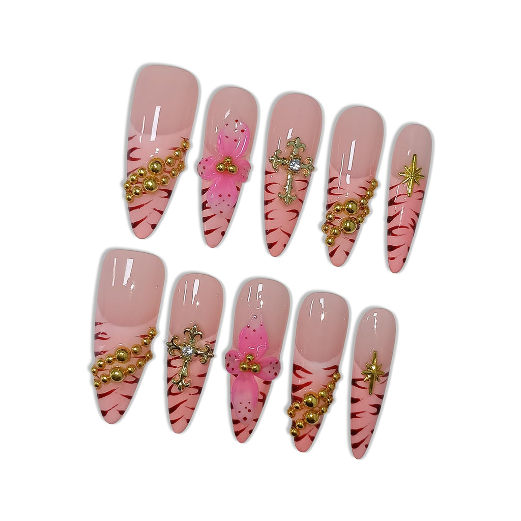 Hantyer Pink Leopard French Tip Press on Nails with 3D Floral Carving & Cross Gold Beads, Long Stiletto Glossy Y2K Fake Nails, Reusable Edgy False Nails for Women Festival Concert Party