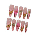 Hantyer Pink Leopard French Tip Press on Nails with 3D Floral Carving & Cross Gold Beads, Long Stiletto Glossy Y2K Fake Nails, Reusable Edgy False Nails for Women Festival Concert Party