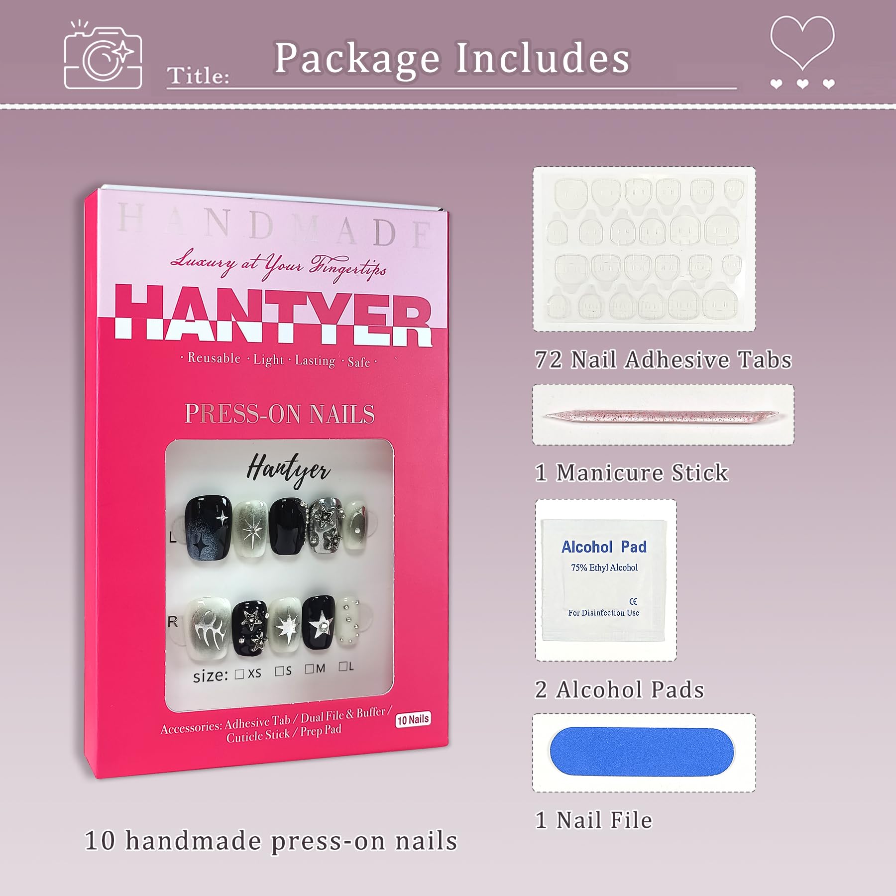 Hantyer Short Square Press On Nails, Handmade Soft Gel Dark Glam Metallic Fake Nails with Silver 3D Stars & Sculptural Accents, Grunge Inspired Reusable False Nails 10PCS Kit