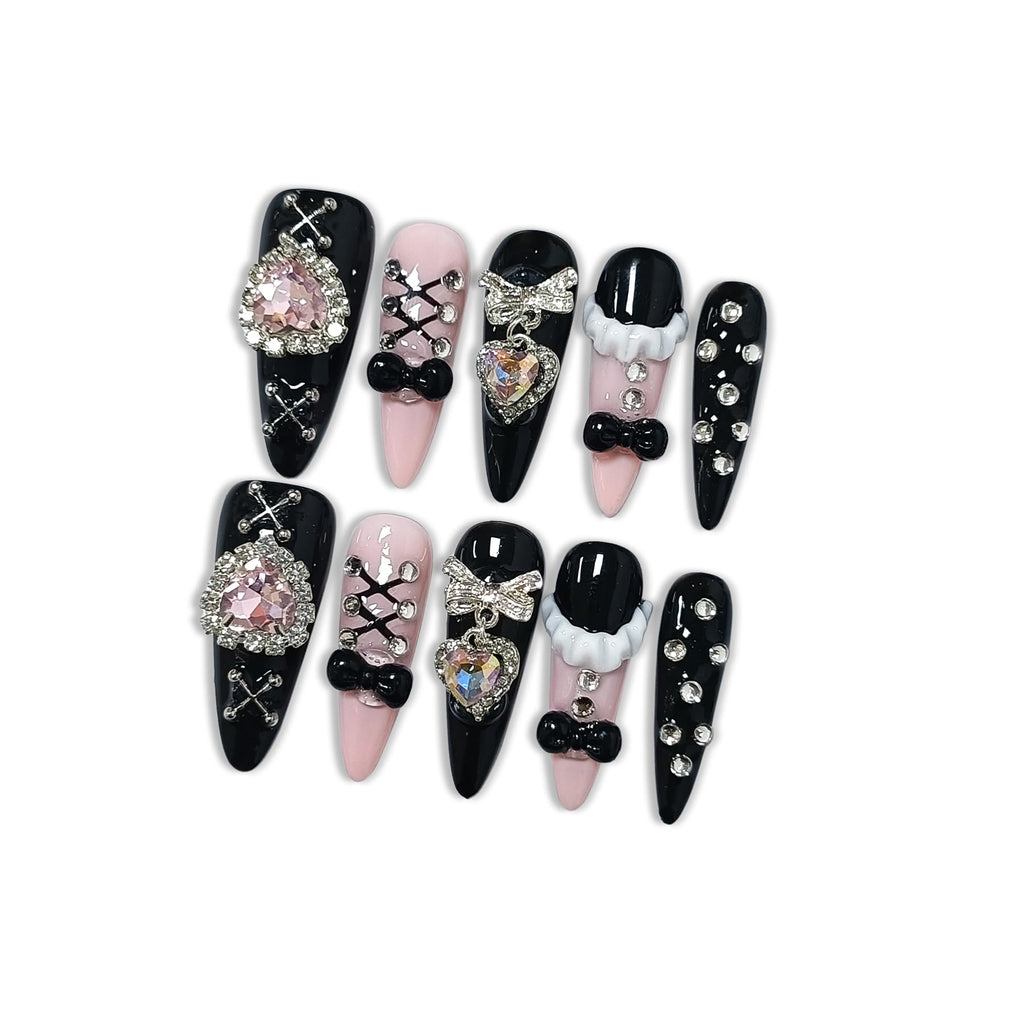 Hantyer Gothic Punk Press on Nails, Long Stiletto Matte Black & Pink Nails, Silver Gothic Charms, Pink Rhinestones & 3D Art, Salon Nails Reusable & Easy Apply for Parties & Night Events
