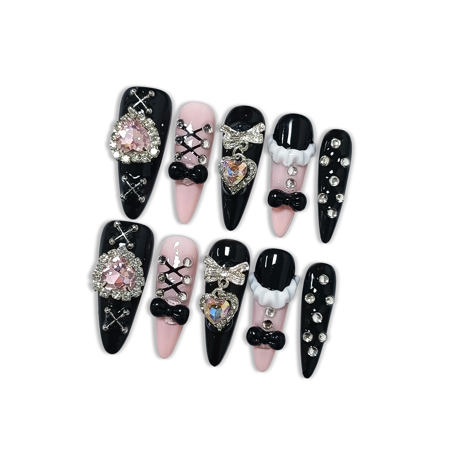 Hantyer Gothic Punk Press on Nails, Long Stiletto Matte Black & Pink Nails, Silver Gothic Charms, Pink Rhinestones & 3D Art, Salon Nails Reusable & Easy Apply for Parties & Night Events