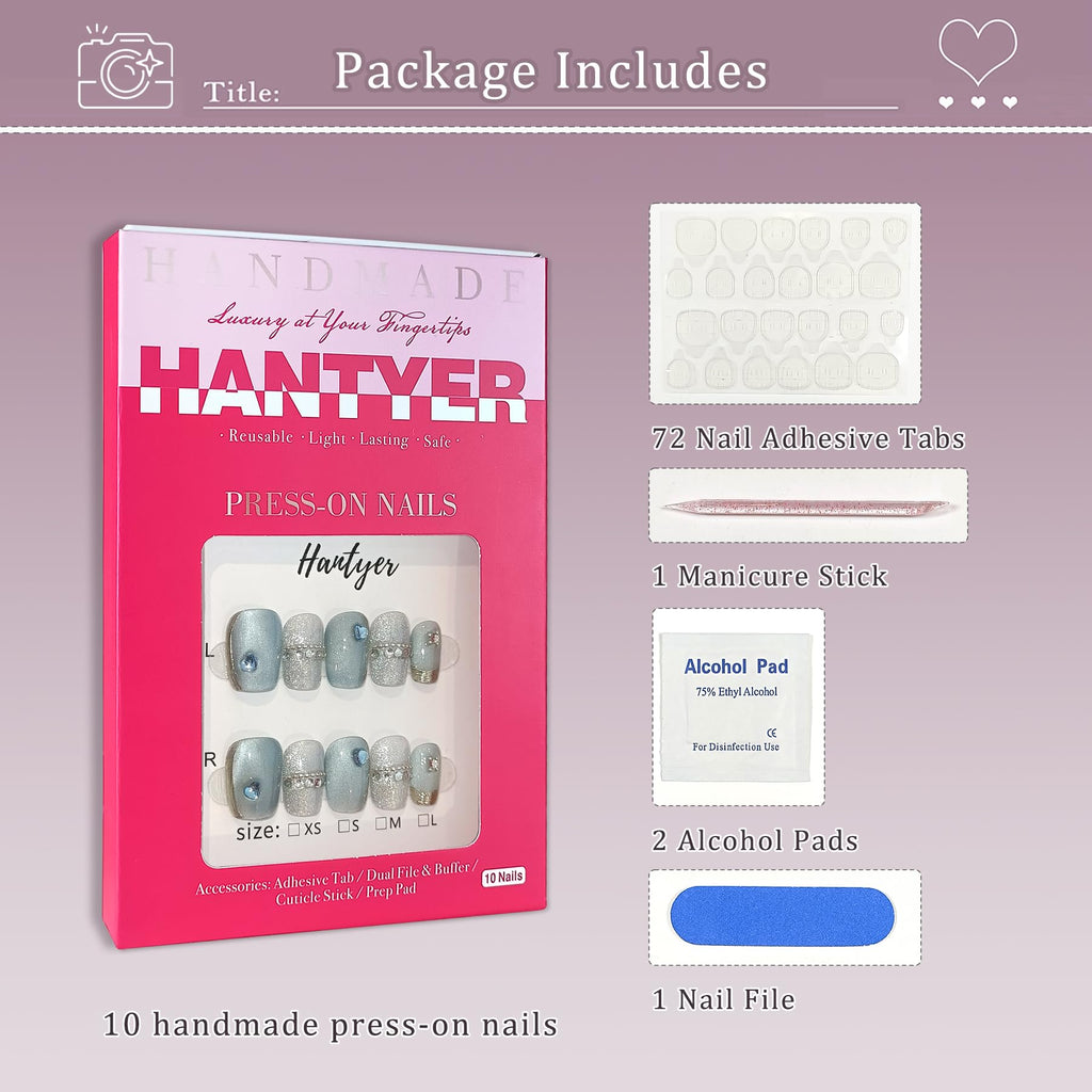 Hantyer Squoval Press On Nails, Handmade Soft Gel Blue And Silver Fake Nails with Silver Bead Accents, Shimmering Glitter Design Full Cover Reusable False Nails 10PCS Kit