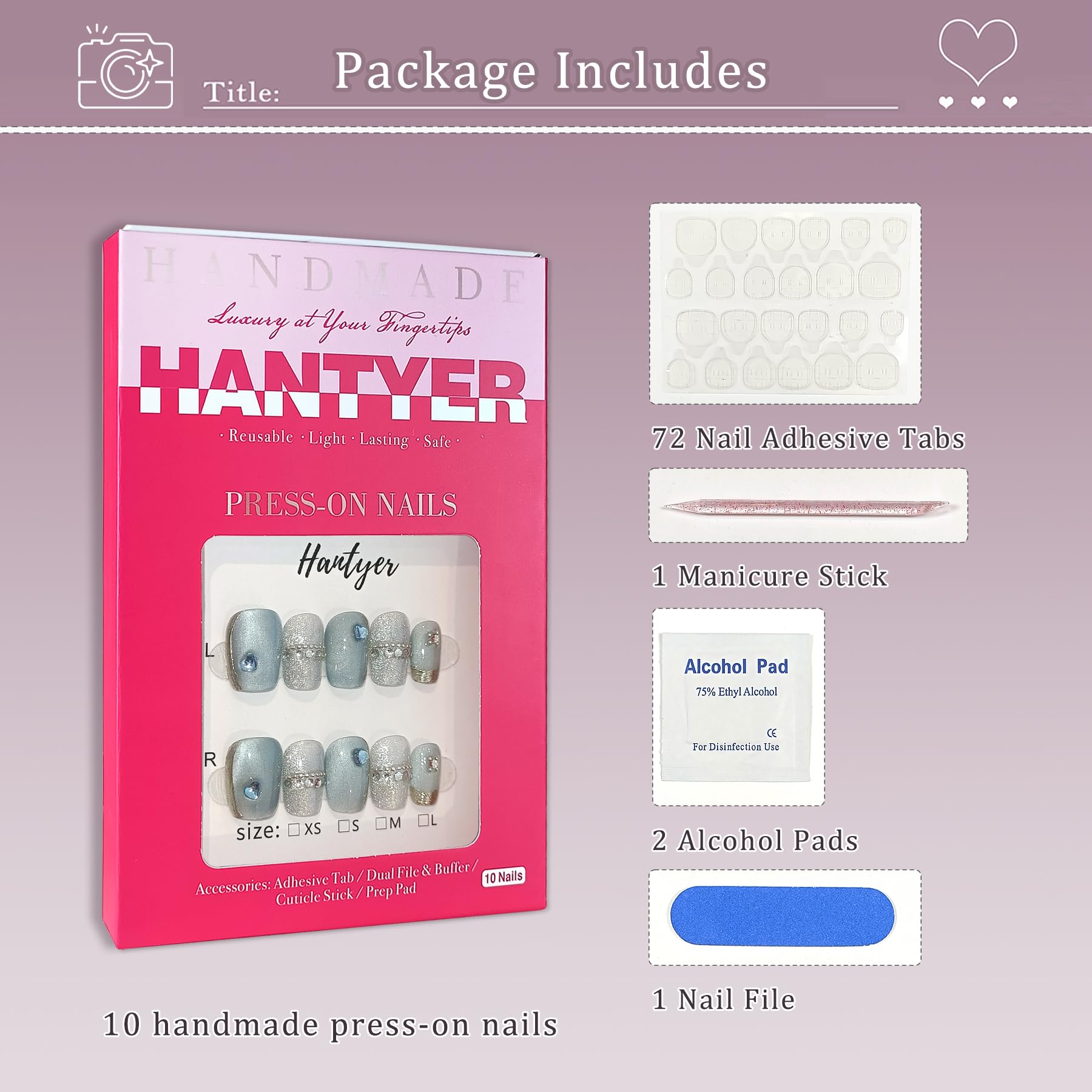 Hantyer Squoval Press On Nails, Handmade Soft Gel Blue And Silver Fake Nails with Silver Bead Accents, Shimmering Glitter Design Full Cover Reusable False Nails 10PCS Kit