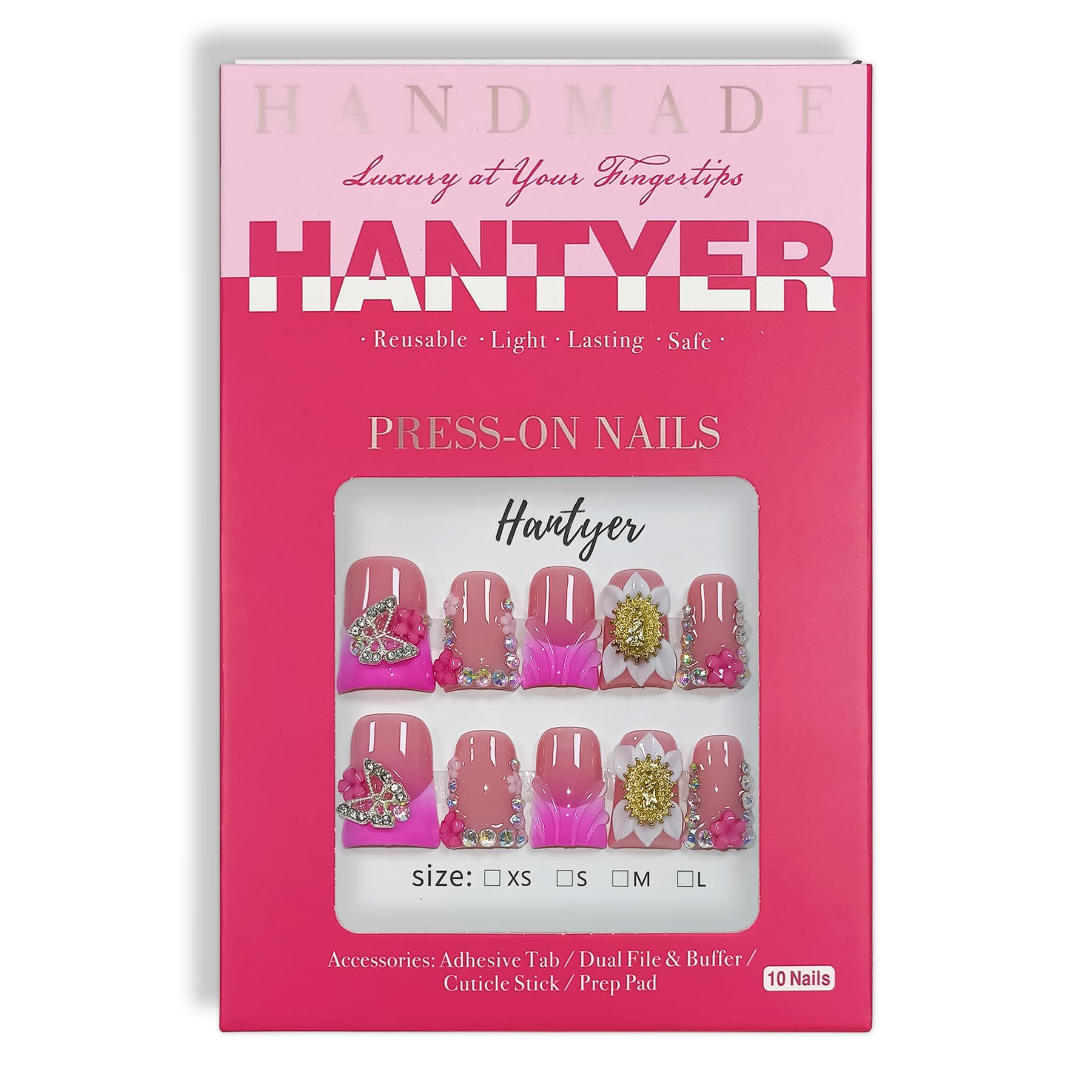 Hantyer 10pcs Pink French Tips Press On Nails Sweet Style, Short Duckbill Nails with Rhinestones, Metal Decor & 3D Floral Embossing, Glossy Icy Finish, Reusable Fake Nails Easy to Apply
