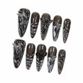 Hantyer 10pcs Black Grey Press on Nails with Cross Charms & Silver Decor, Long Stiletto Glossy Gothic Fake Nails, Reusable Dark Edgy False Nails for Women Goth Party Rock Concert Halloween