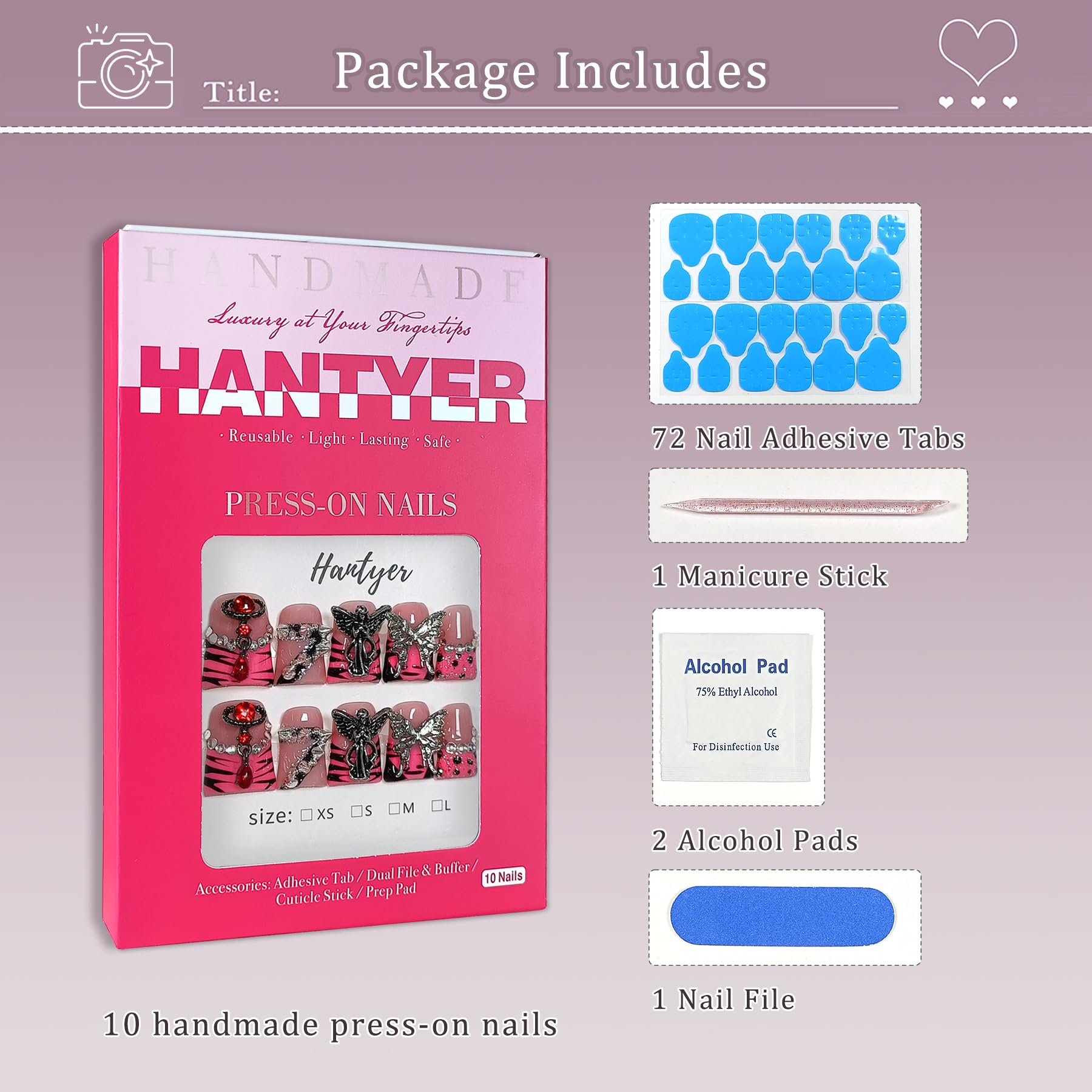 Hantyer 10pcs Edgy French Press on Nails with Tools Kit, Short Duckbill Glossy Pink Leopard French Tips, Cross & Butterfly 3D Carvings, Icy Dark Style, Reusable & Easy Apply for Parties