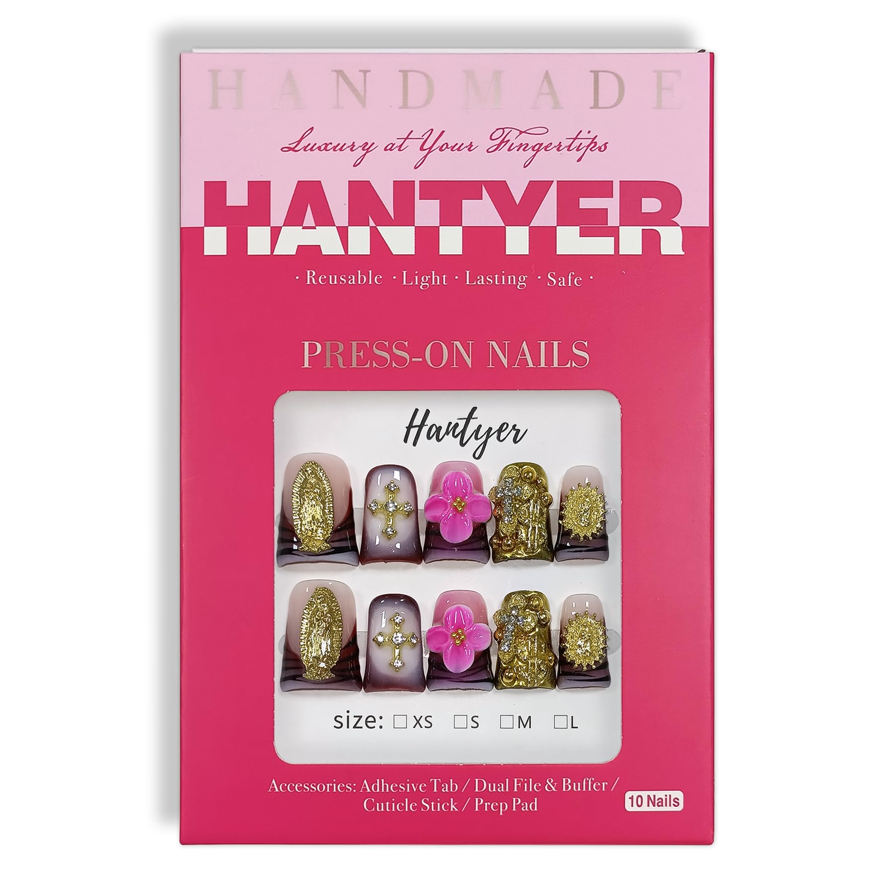 Hantyer 10pcs Brown French Tips Press On Nails Light Luxury, Short Duckbill Nails with Vintage Metal Decor & 3D Embossed Flowers, Icy Glossy Finish, Reusable Fake Nails Easy to Apply