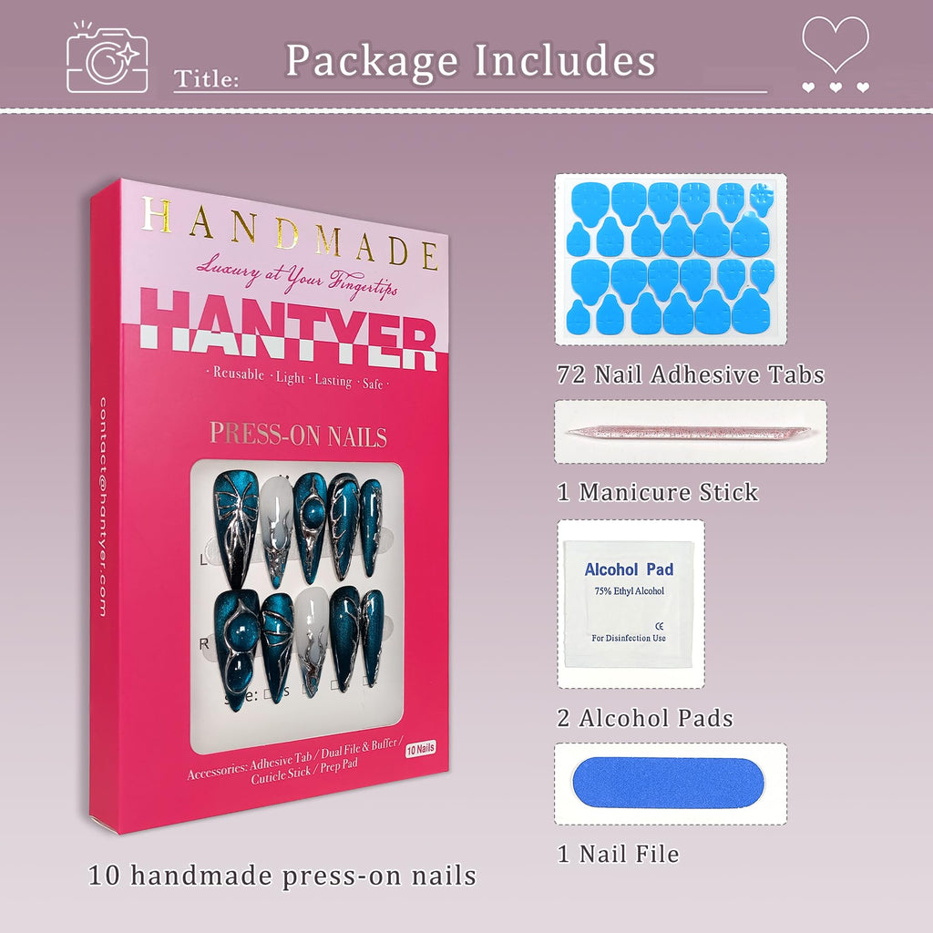 Hantyer Navy Blue Cat Eye Press on Nails with Hand-Painted Silver Butterfly, Long Stiletto Glossy Edgy Fake Nails, Reusable Sweet & Cool False Nails for Women Night Party Special Event