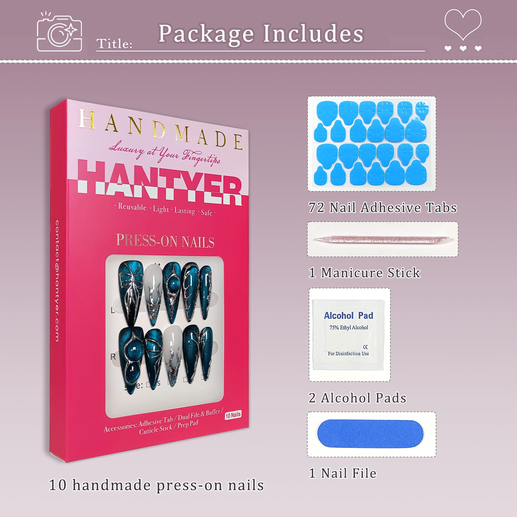 Hantyer Navy Blue Cat Eye Press on Nails with Hand-Painted Silver Butterfly, Long Stiletto Glossy Edgy Fake Nails, Reusable Sweet & Cool False Nails for Women Night Party Special Event