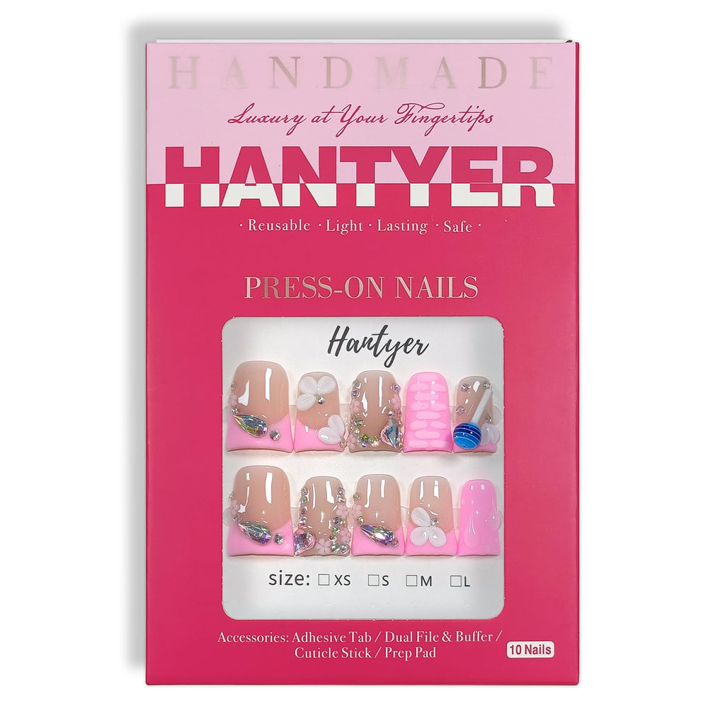Hantyer 10pcs French Tip Press on Nails with Tools Kit, Short Duckbill Glossy Pink French Tips, Rhinestones & 3D Floral Designs, Icy Shimmer Finish, Reusable & Easy Apply for Parties