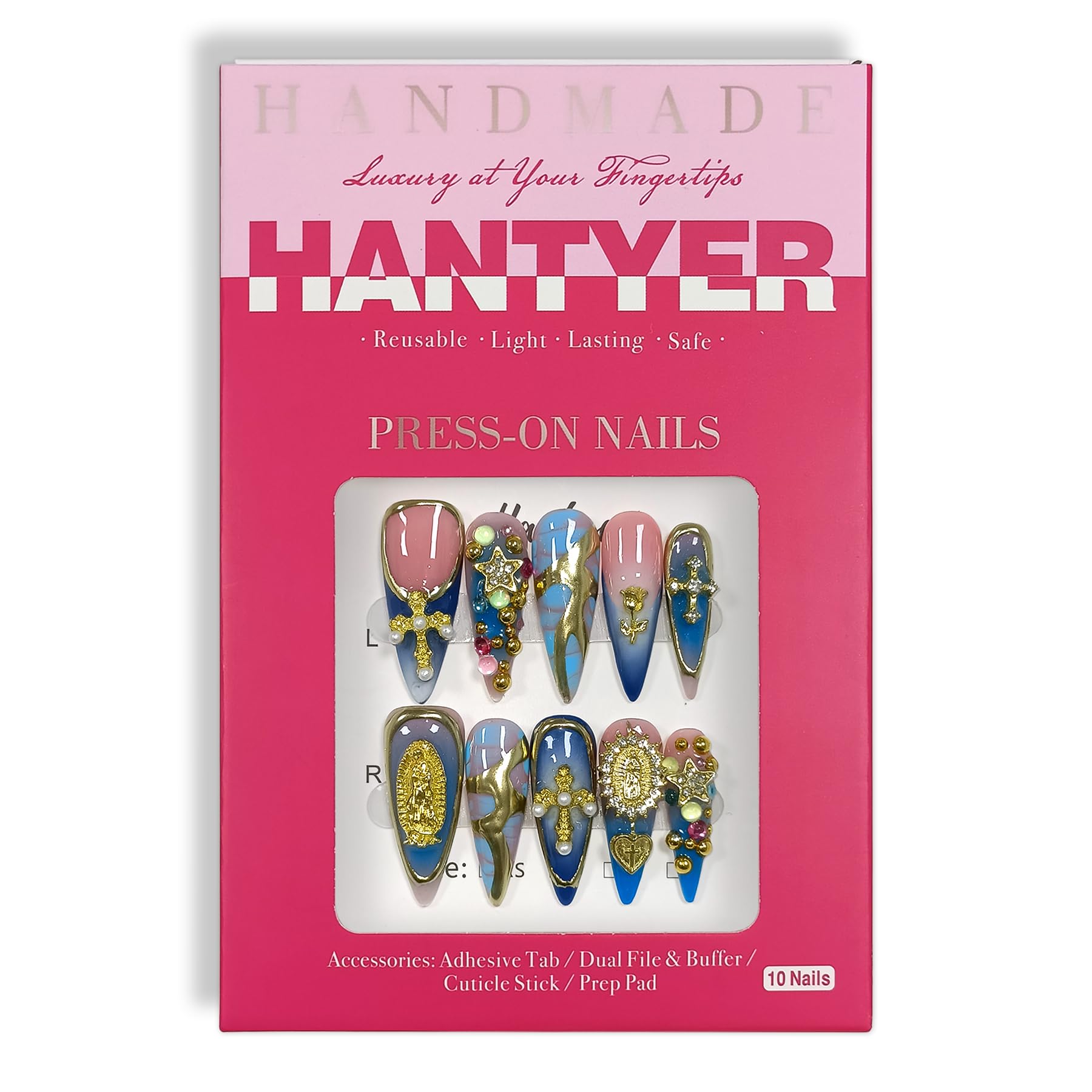 Hantyer 10pcs Vintage Press on Nails with Tools Kit, Long Stiletto Glossy Blue Marble Nails, Gold Cross & Star Charms with 3D Hand-Painted Lines on Nails, Reusable & Easy Apply for Galas