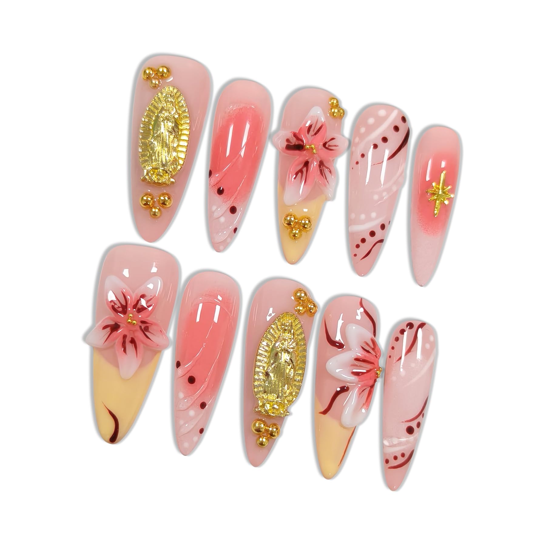 Hantyer 10pcs Red to Pink Ombre Press on Nails with 3D Carved Flowers & Gold Madonna Statue Charms, Long Stiletto Glossy Iced Edgy Fake Nails, Reusable Gothic Glam False Nails for Women