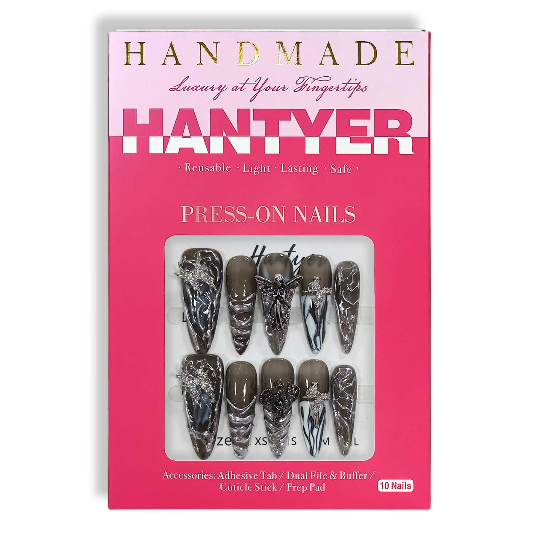 Hantyer 10pcs Black Grey Press on Nails with Cross Charms & Silver Decor, Long Stiletto Glossy Gothic Fake Nails, Reusable Dark Edgy False Nails for Women Goth Party Rock Concert Halloween