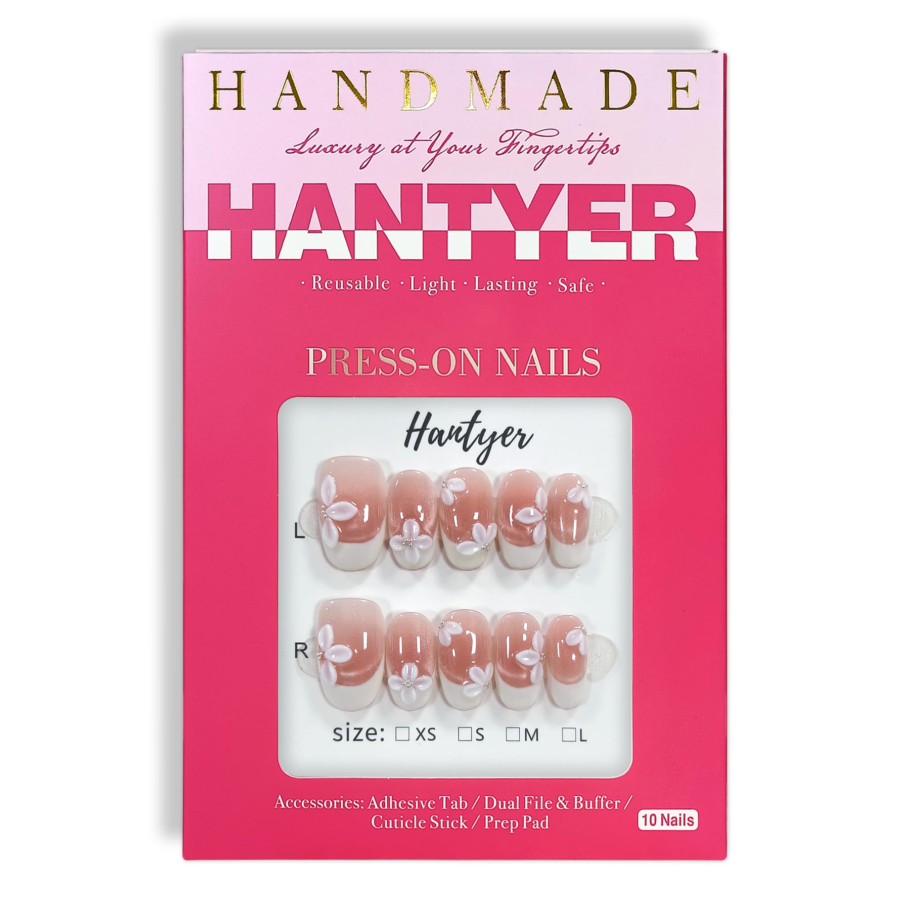 Hantyer 10pcs White French Tip Cat Eye Press on Nails with 3D Floral Carving, Short Oval Glossy Iced Sweet Fake Nails, Reusable Elegant False Nails for Women Birthday Party Wedding