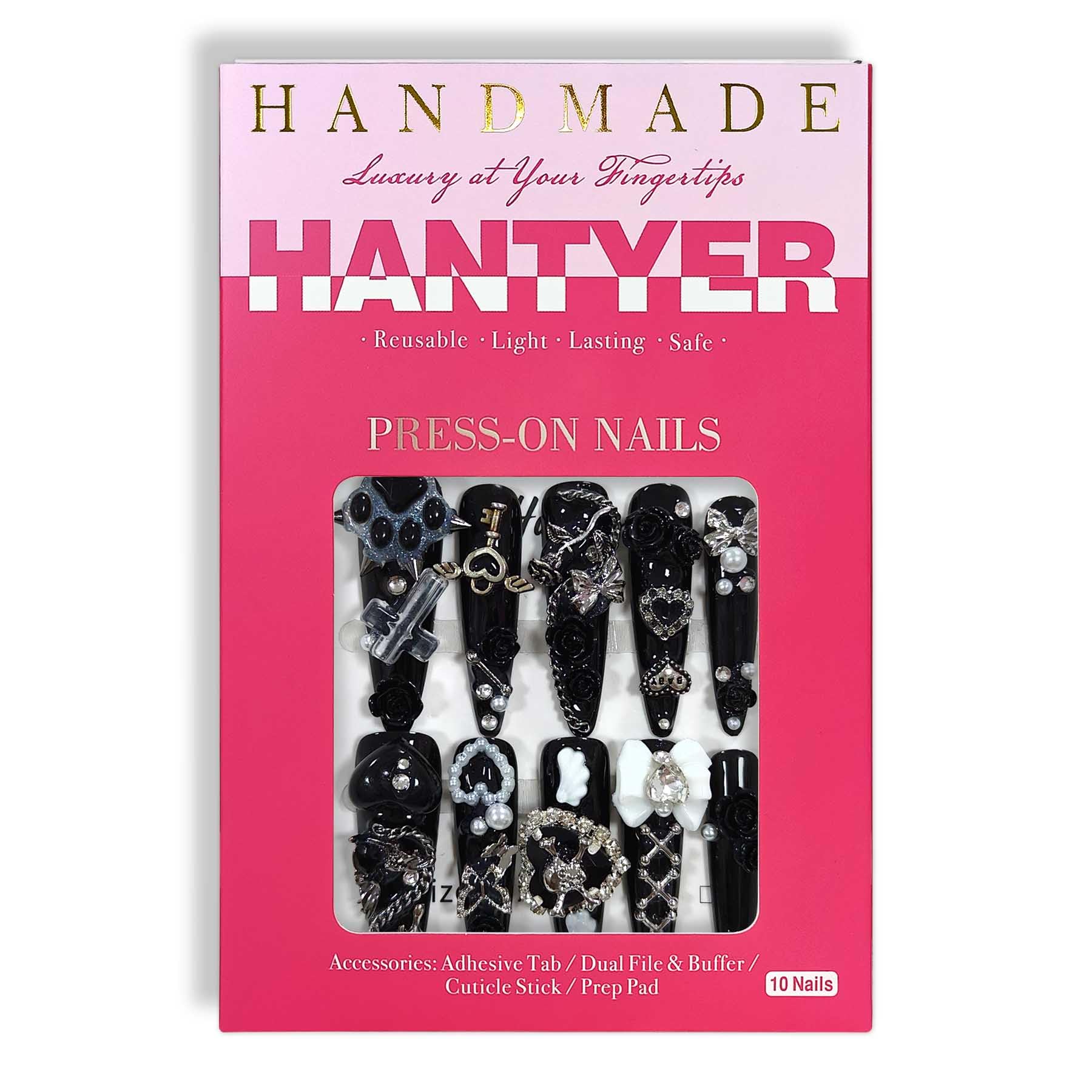 Hantyer 10pcs Black Press on Nails with Dog Paw Print, Cross Charms & Silver Decor, Long Stiletto Glossy Gothic Fake Nails, Reusable Dark Edgy False Nails for Women Goth Party Halloween