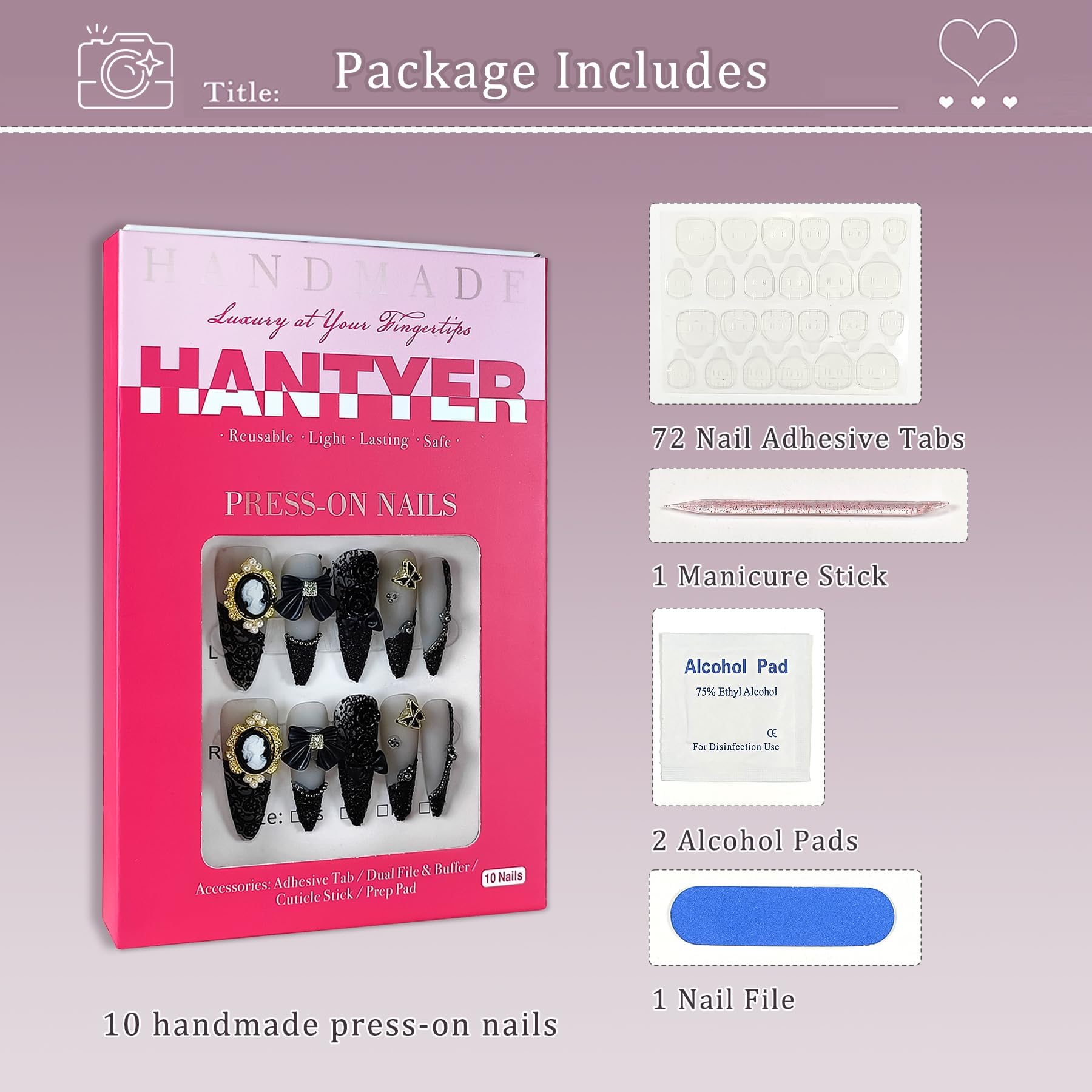 Hantyer Gothic Press on Nails, Long Stiletto Matte Nails, Baroque Cameo & 3D Camellia Design Salon Nails, Reusable Nails with Bow Steel Beads Accents, Dark Princess Style for Women