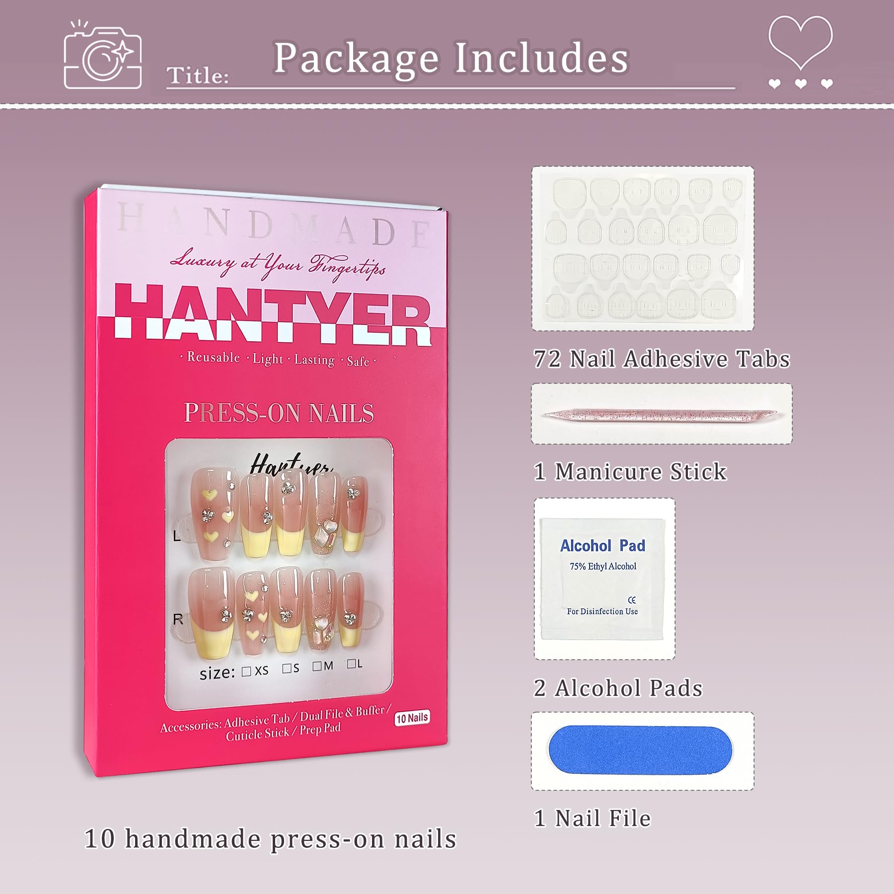 Hantyer Ballet Press On Nails Medium Coffin 10PCS with Tools Kit,Handmade French Blush Pink Nails with Milky Tip, Heart Design & Glitter Gradient Fake Nails,Cute Korean Style False Nails