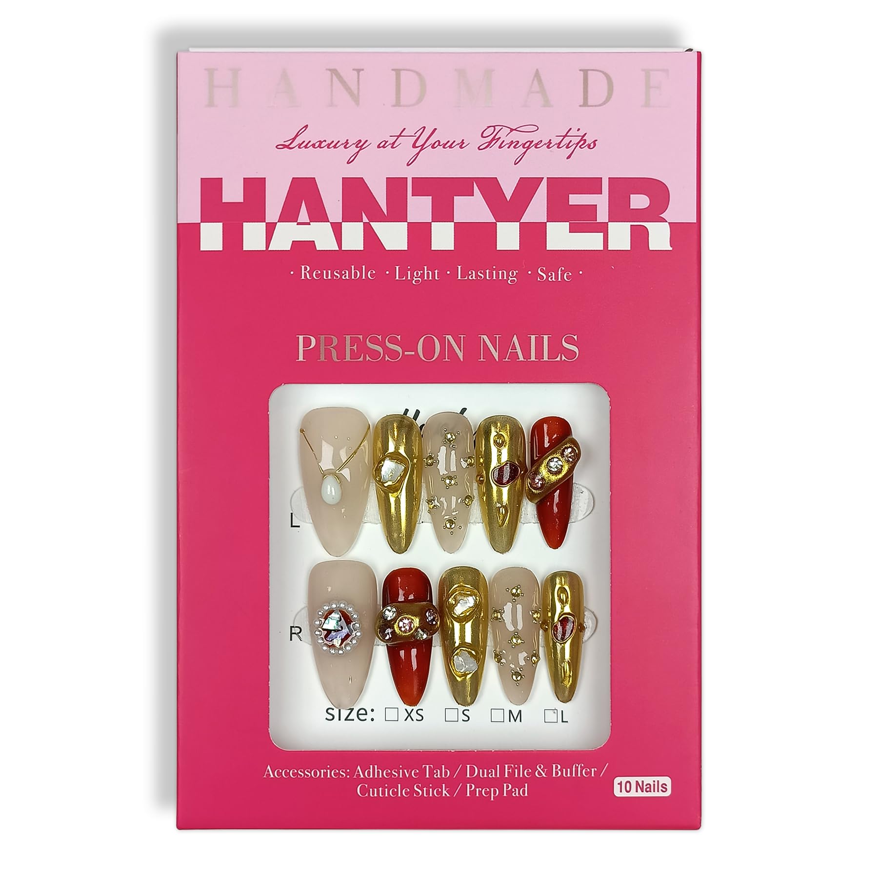 Hantyer Almond Press On Nails, Handmade Soft Gel Luxury Jewel Tone Fake Nails with Vintage Gold Accents & Pearl Embellishments, Elegant Reusable False Nails 10PCS Kit