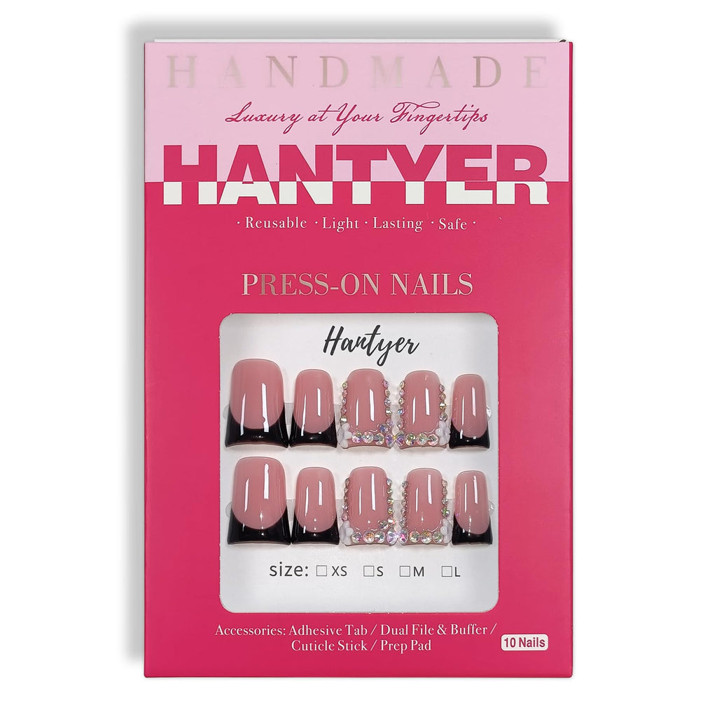 Hantyer 10pcs French Glam Press on Nails with Tools Kit, Short Duckbill Glossy Black French Tips, Rhinestones & 3D Flower Designs, Reusable & Easy Apply for Parties & Special Events
