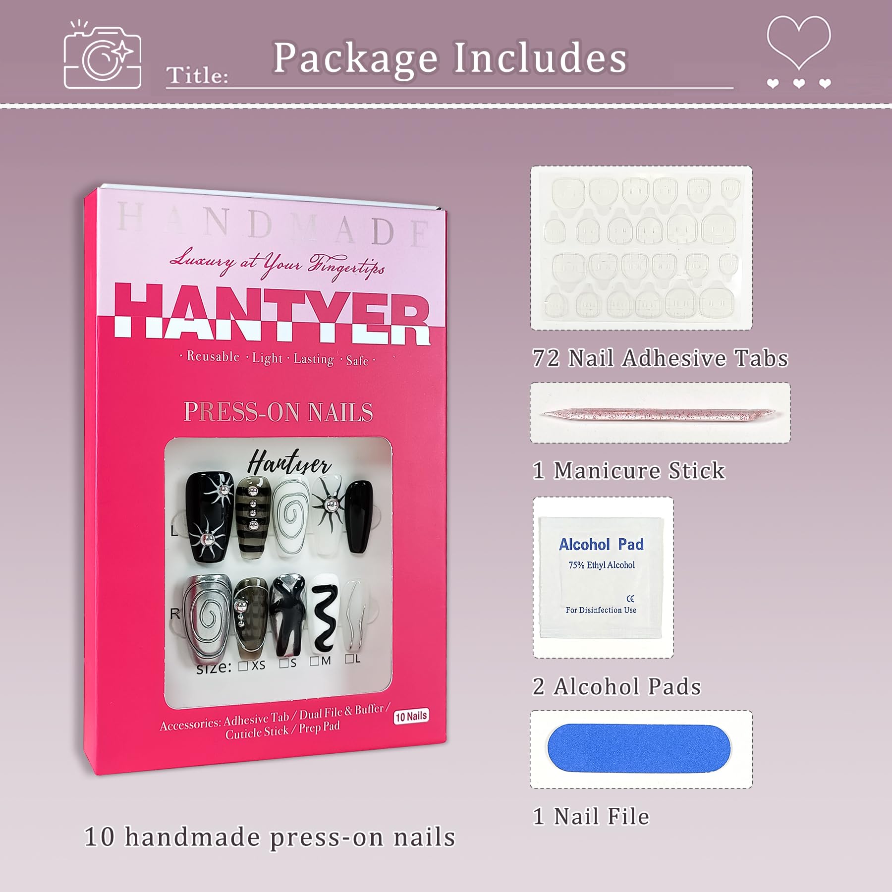 Hantyer Medium Coffin Press On Nails, Handmade Soft Gel Abstract Black White Grey Fake Nails with 3D Silver Swirls, Metallic Charms & Stud Accents, Reusable False Nails Kit, 10PCS