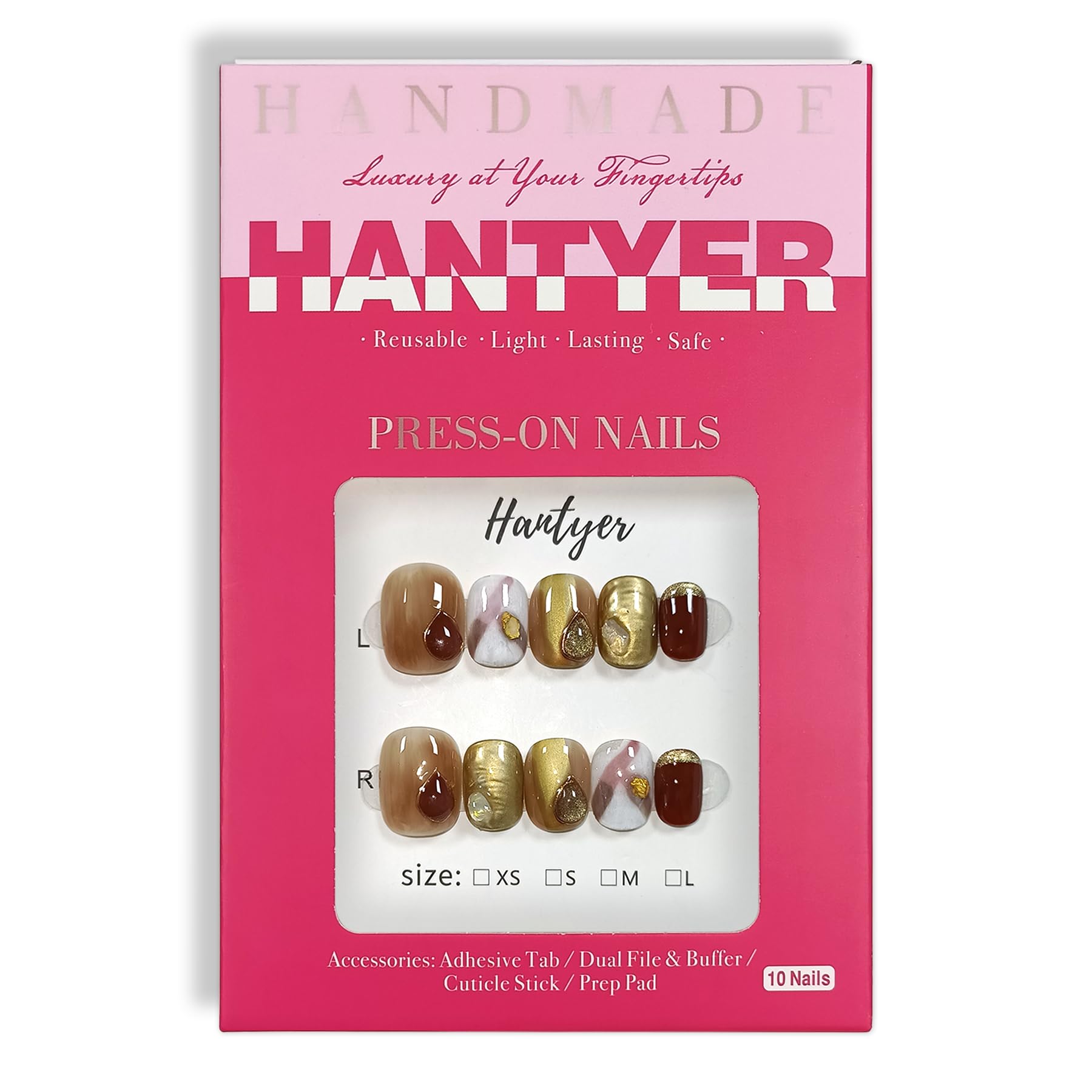 Hantyer Amber Press on Nails with Handmade 3D Water Droplets & Gold Lines - Short Squoval Glossy Soft Glam Fake Nails, Reusable Elegant Vintage False Nails for Women Fall Winter Season Party