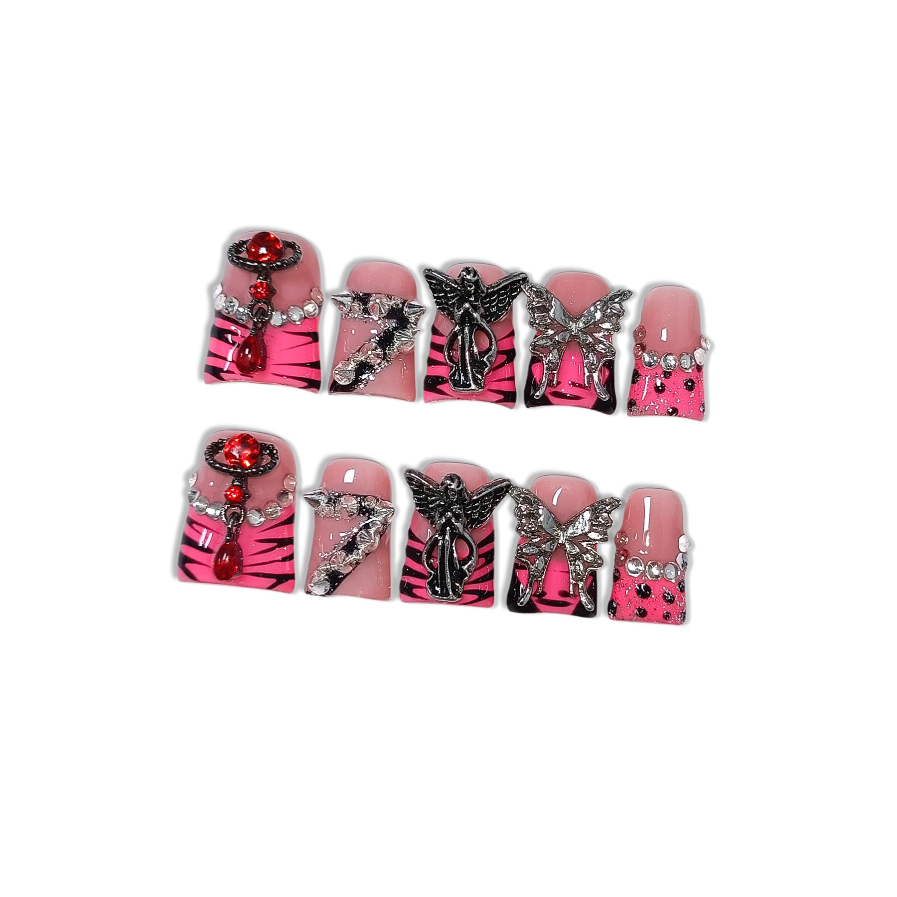 Hantyer 10pcs Edgy French Press on Nails with Tools Kit, Short Duckbill Glossy Pink Leopard French Tips, Cross & Butterfly 3D Carvings, Icy Dark Style, Reusable & Easy Apply for Parties