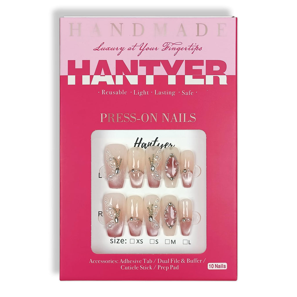 Hantyer Press on Nails Medium Coffin False Nails with Butterfly Design, White Rhinestones & Pearls, Pink Gradient Glossy Cat Eye, Handmade Tips with Tool Kit Salon Nails Sweet Style for Women