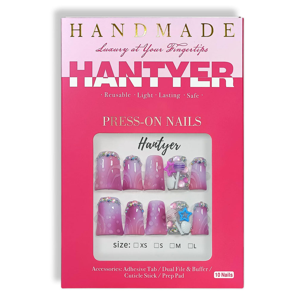 Hantyer 10pcs Short Duck Nails, Pink Ombre Press on Nails with 3D Ripple, Lollipop & Star Charms, Glossy Cute Fake Nails, Reusable Sweet False Nails for Women Birthday Party Carnival Full Set
