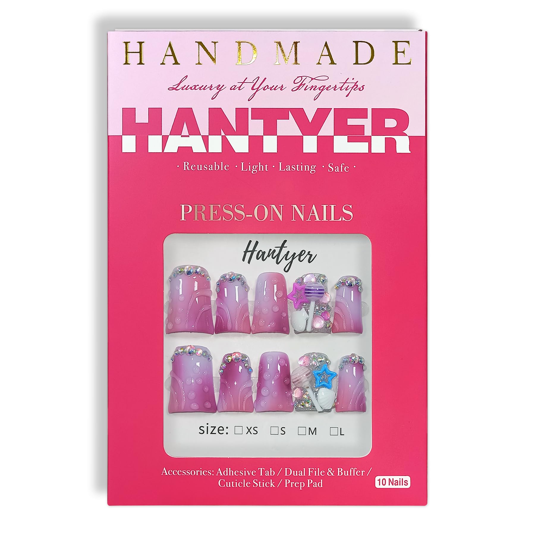 Hantyer 10pcs Short Duck Nails, Pink Ombre Press on Nails with 3D Ripple, Lollipop & Star Charms, Glossy Cute Fake Nails, Reusable Sweet False Nails for Women Birthday Party Carnival Full Set