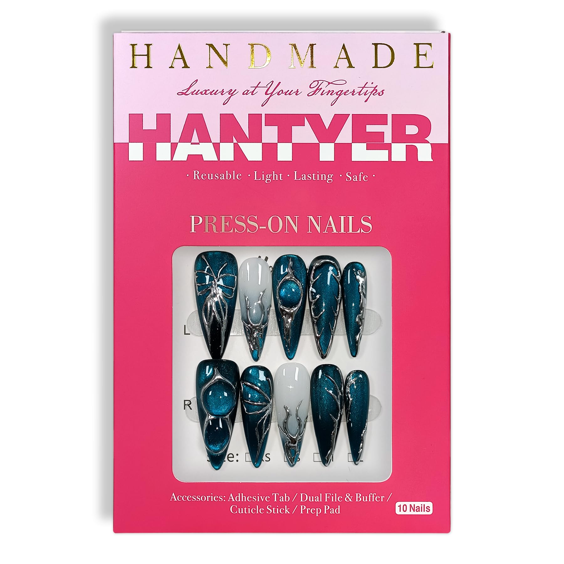 Hantyer Navy Blue Cat Eye Press on Nails with Hand-Painted Silver Butterfly, Long Stiletto Glossy Edgy Fake Nails, Reusable Sweet & Cool False Nails for Women Night Party Special Event