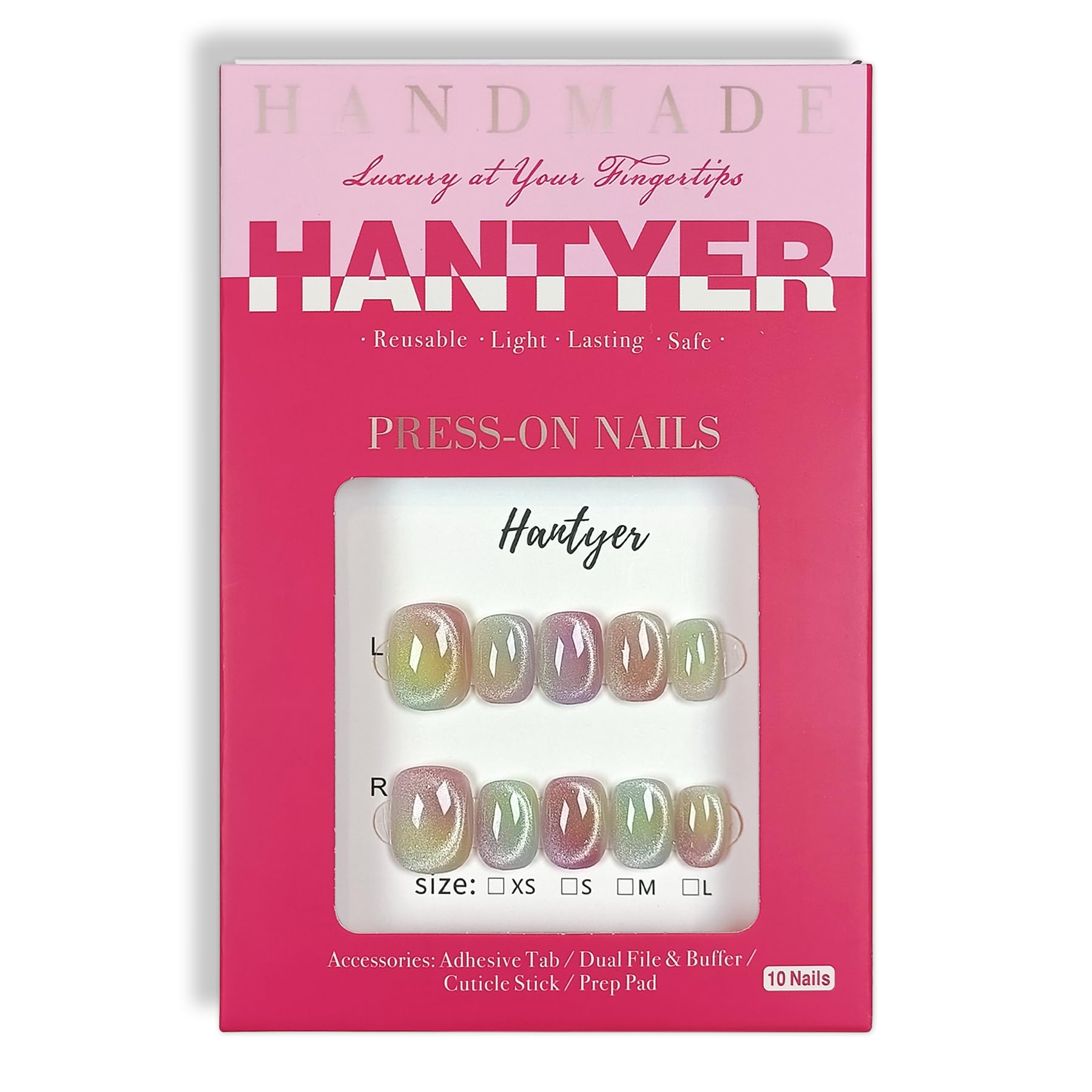 Hantyer Press on Nails with Tools Kit, Short Oval Fake Nails in Dopamine Colors, Summer Cat Eye Gel Nails, Handmade Tips Cute & Vibrant Style for Women Daily & Pool Parties