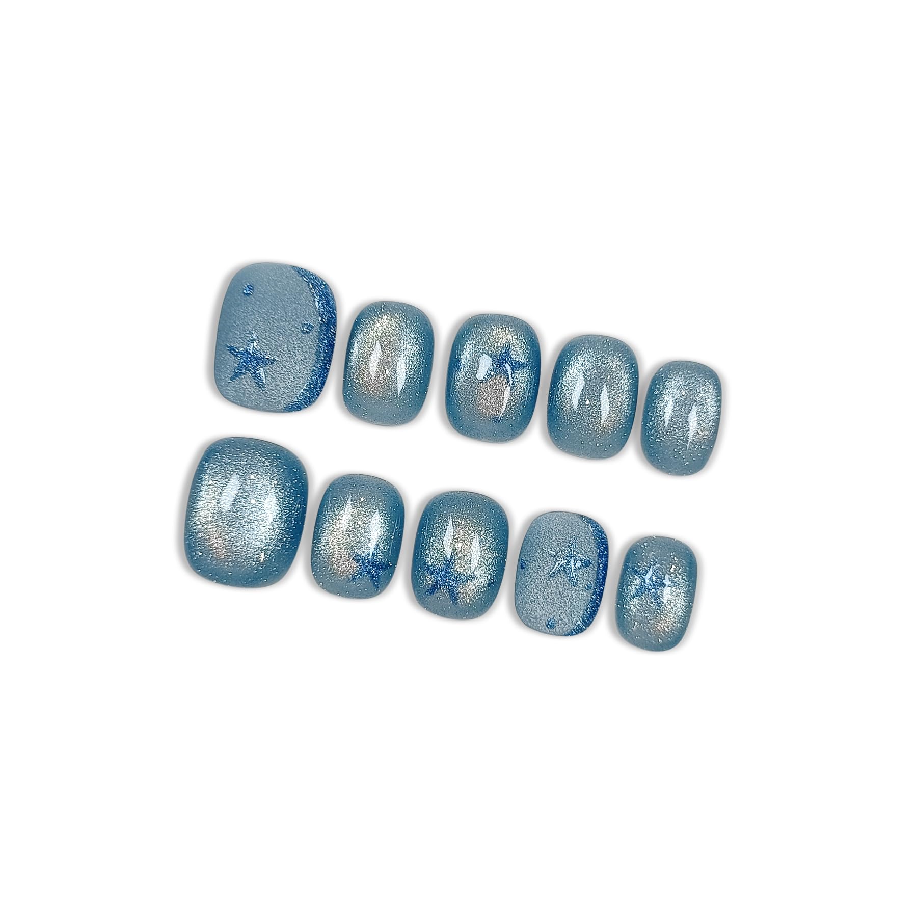Hantyer Squoval Press On Nails, Handmade Soft Gel Ombre Glossy Fake Nails with Glitter Star, Blue Ombre Holographic Design Full Cover Reusable False Nails for Women 10PCS Kit