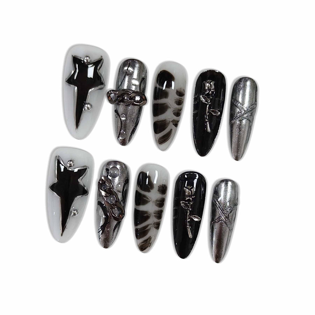 Hantyer Black Press on Nails with Hand-Painted Stars, Rose Charms & Silver Decor, Long Almond Glossy Gothic Fake Nails, Reusable Dark Romantic False Nails for Women Goth Party Halloween
