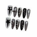 Hantyer Black Press on Nails with Hand-Painted Stars, Rose Charms & Silver Decor, Long Almond Glossy Gothic Fake Nails, Reusable Dark Romantic False Nails for Women Goth Party Halloween